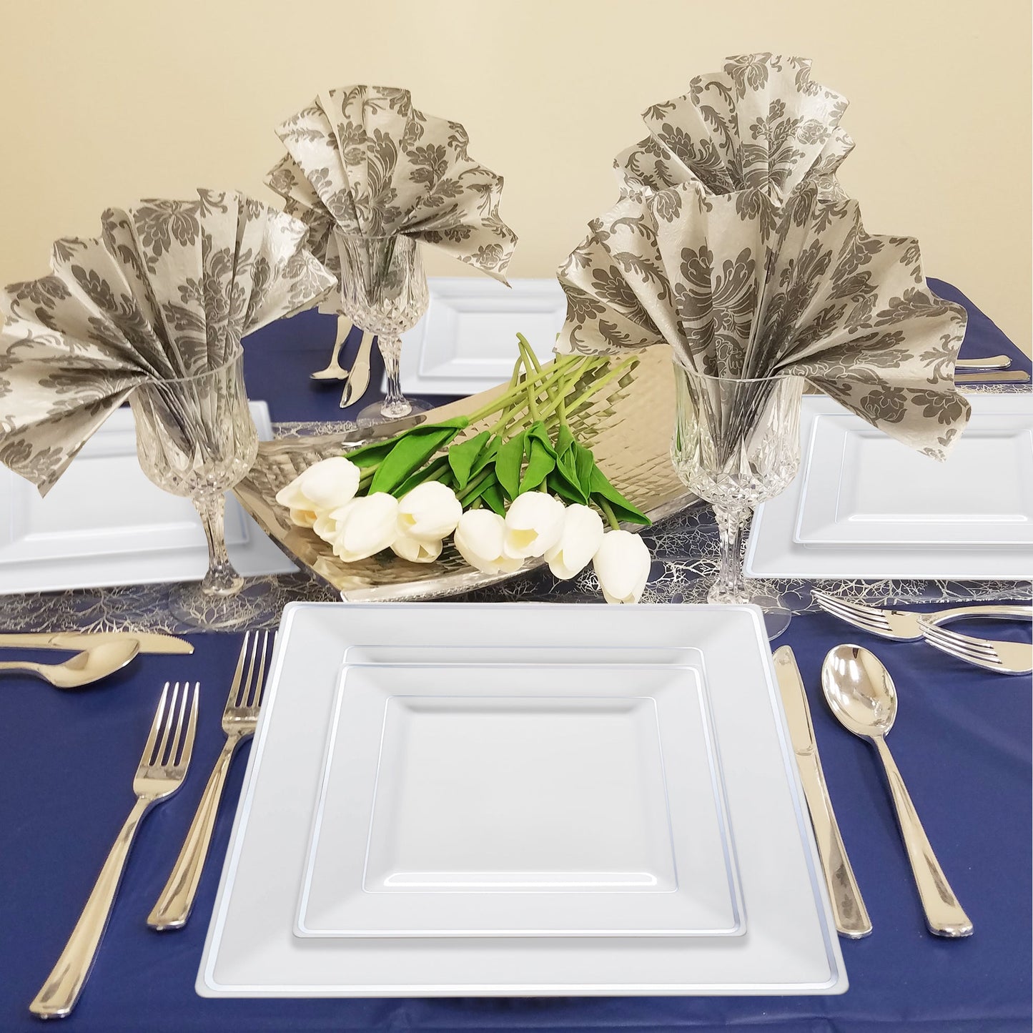 SKU 519SVS20 displayed with labeled pieces: appetizer and dinner plates, forks, knives, spoons, and cups from the White with Silver Square Edge Rim Plastic Wedding Value Set