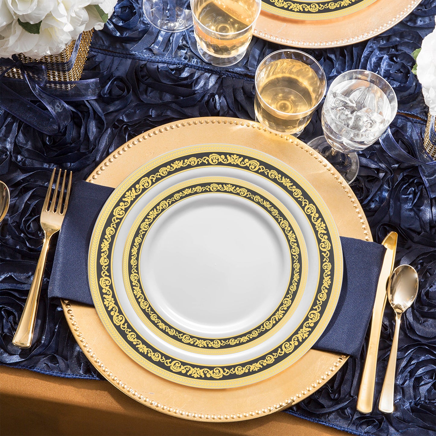 SKU 970BGVS20 displaying labeled dinner plates, appetizer plates, forks, knives, spoons, and cups from the complete set