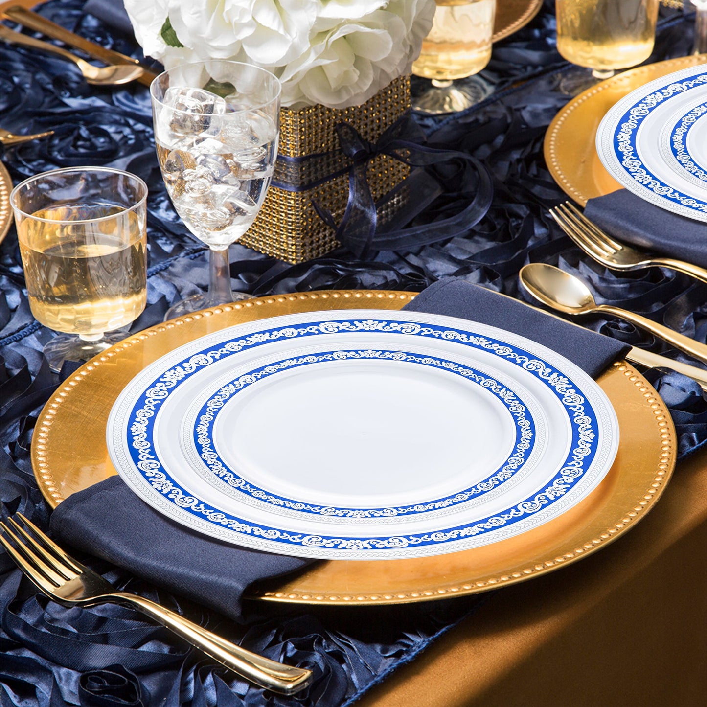 SKU 970BLSVS20 displaying labeled appetizer plates, dinner plates, forks, knives, spoons, and cups from the full set