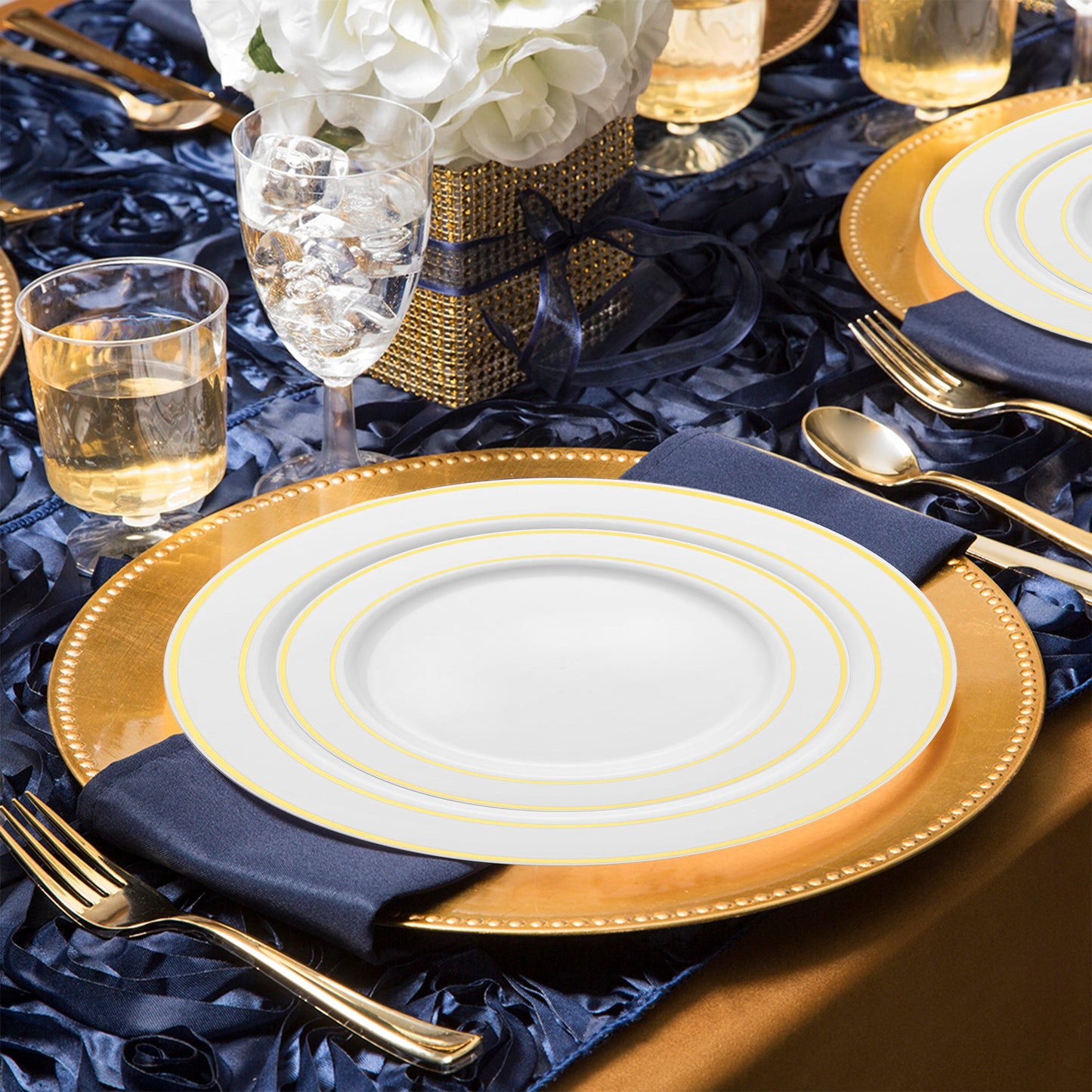 SKU GWVPP20 showing labeled dinner plates, appetizer plates, forks, knives, spoons, and cups from the complete set