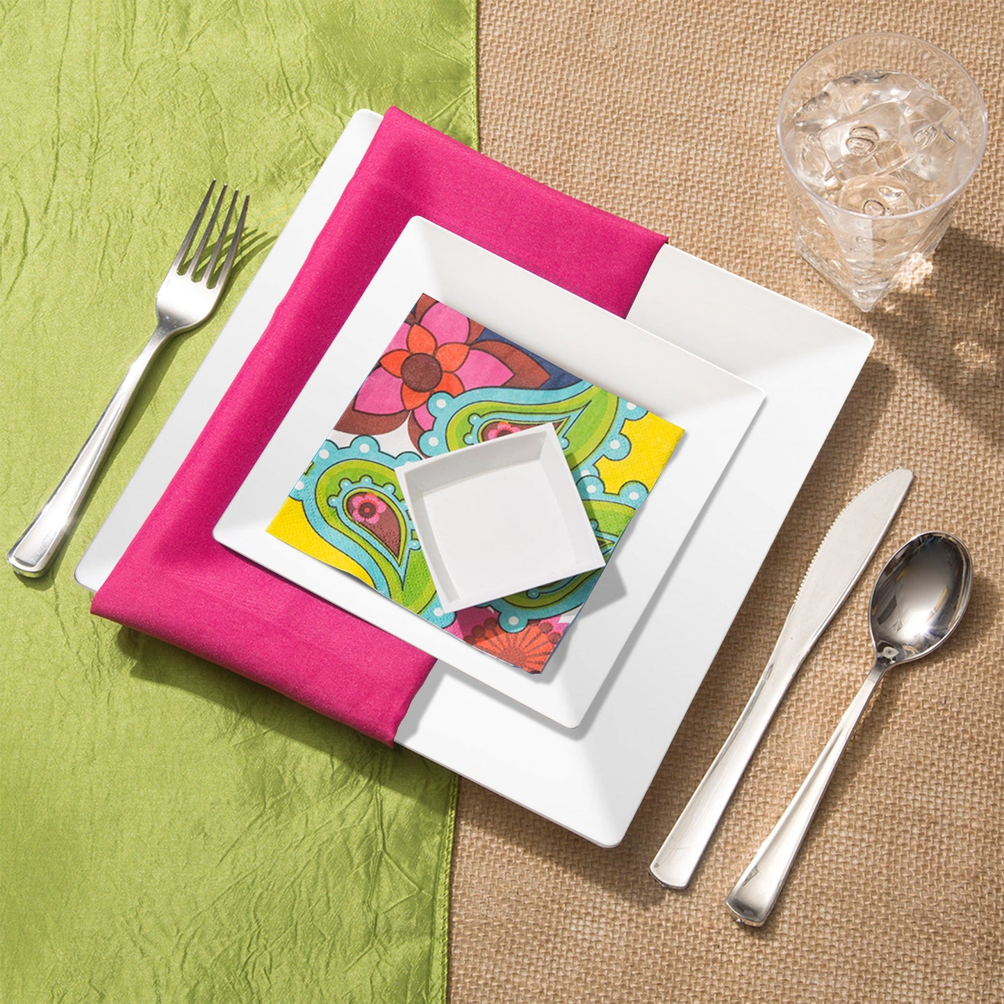 SKU SWVPP20 displaying labeled dinner plates, appetizer plates, forks, knives, spoons, and cups from the complete set