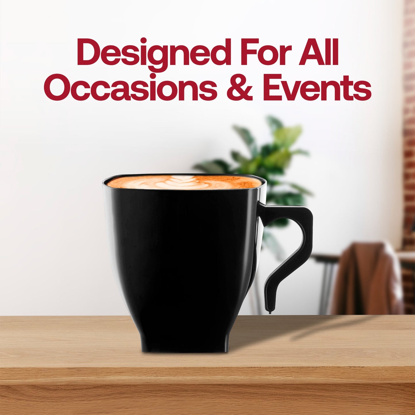Safe and durable BPA-free black plastic coffee mugs with a contemporary square design, 8 oz capacity, sold in a 192-pack.