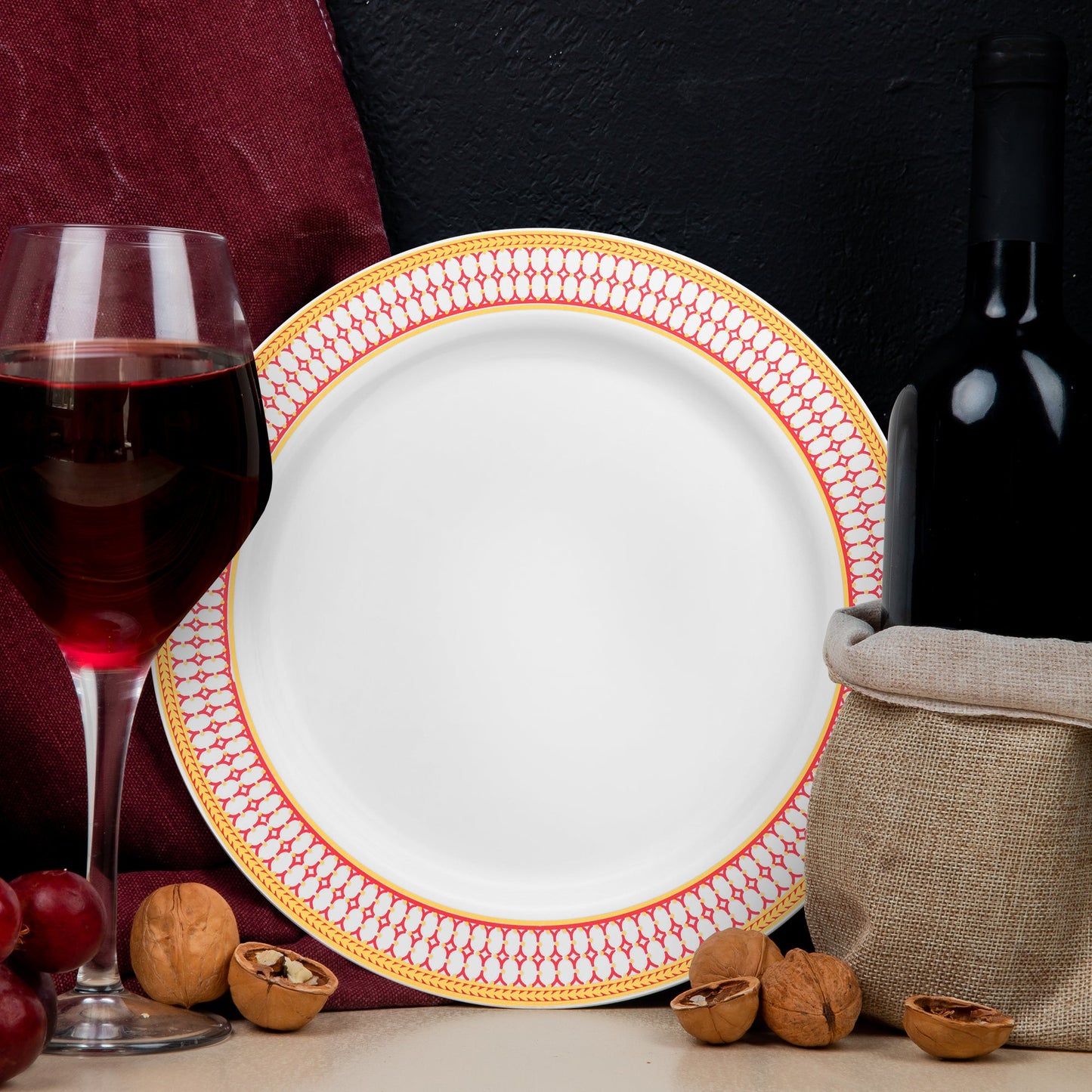 Seen at luxury white with red and gold chord rim plastic dinner plates (10.25")