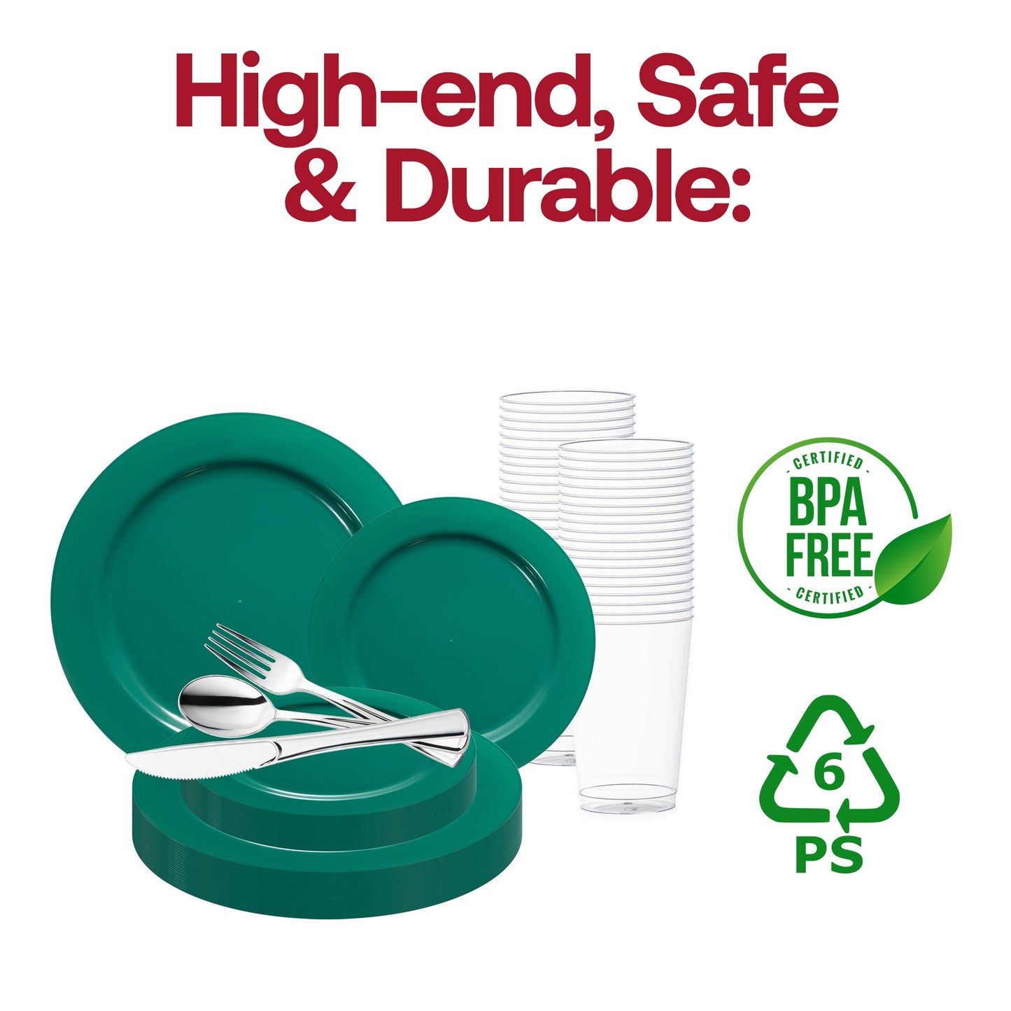 Set a joyful and stylish table with the Solid Green Holiday Round Disposable Plastic Wedding Value Set, perfect for Christmas gatherings and seasonal celebrations