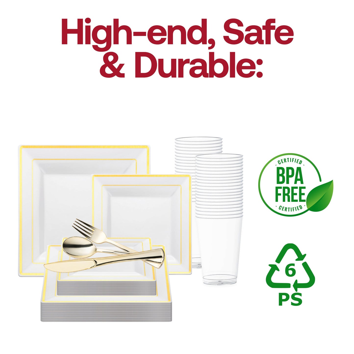 Set a sophisticated wedding table with the White with Gold Square Edge Rim Plastic Wedding Set, ideal for formal occasions