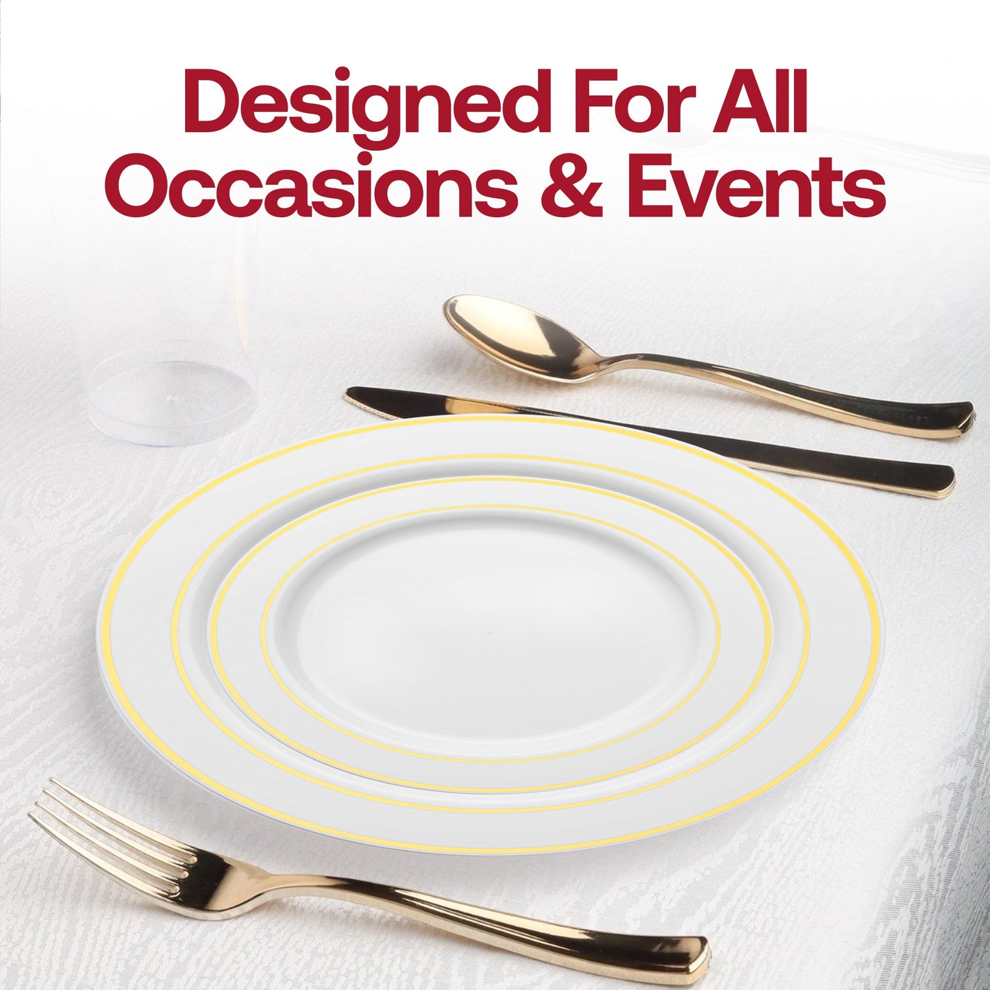 Set a timeless and elegant table with the White with Gold Edge Rim Plastic Wedding Value Set, a perfect choice for classic weddings and memorable events