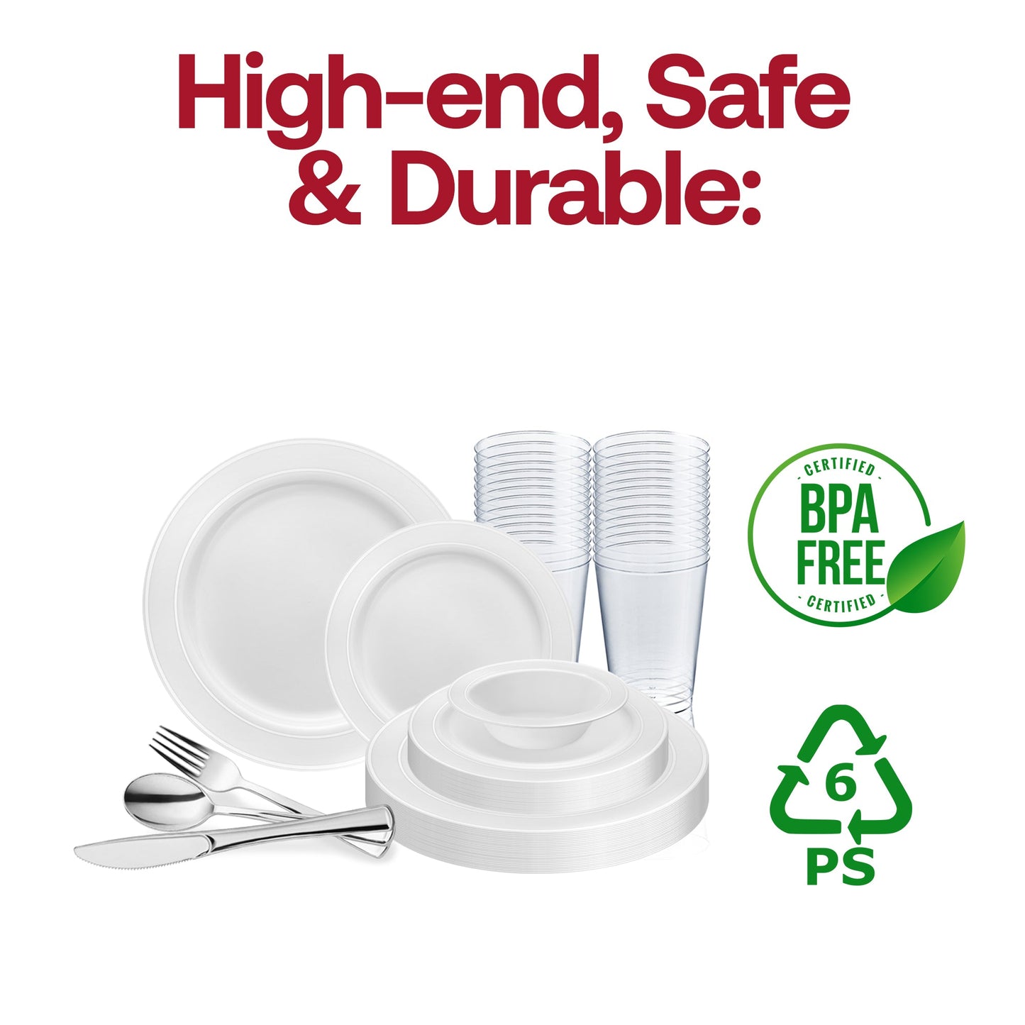 Set an elegant and timeless table with the White with Silver Edge Rim Plastic Wedding Value Set, a perfect match for formal weddings and upscale events