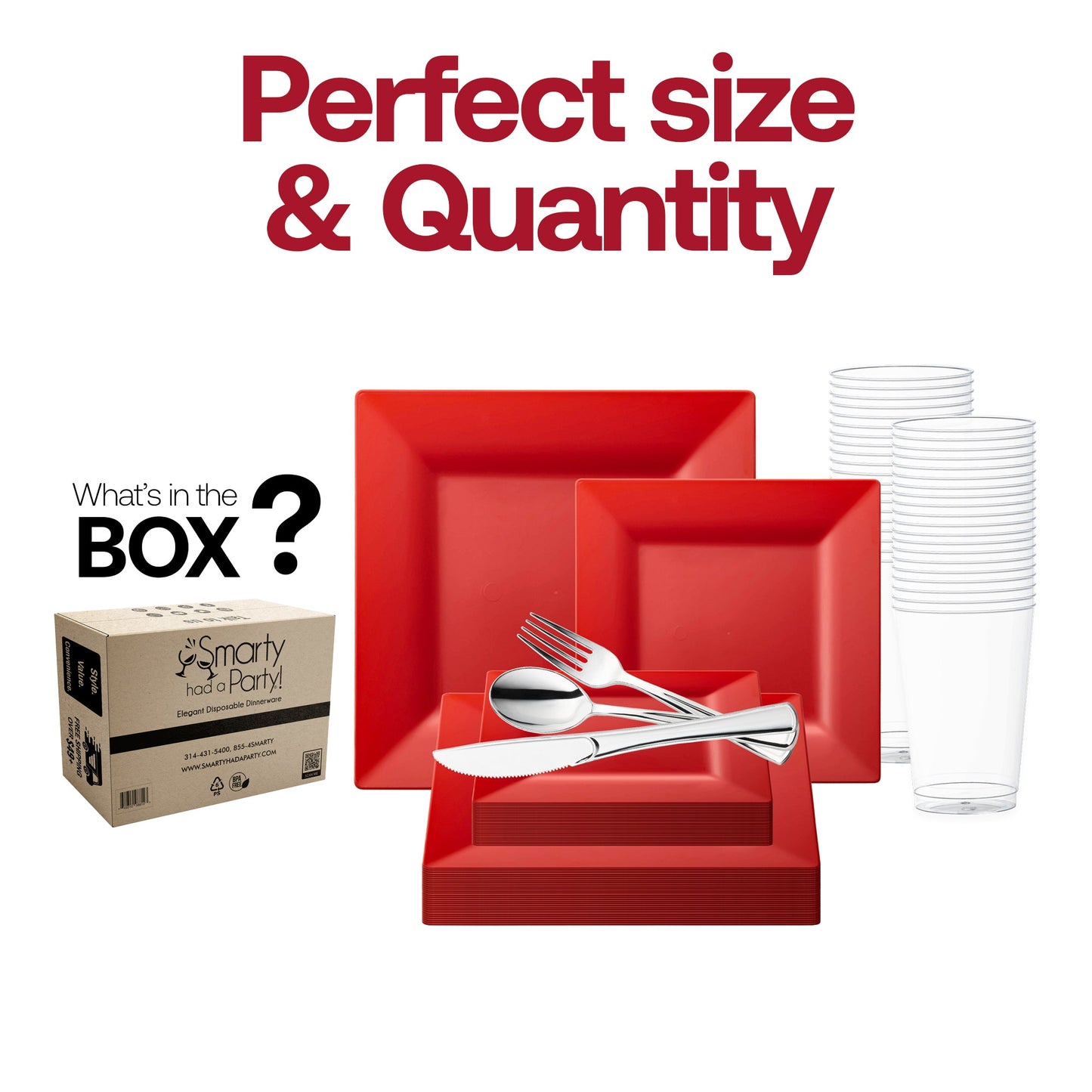 Set contents for the Red Square Plastic Wedding Value Set: 9.5” dinner plates, 6.5” appetizers, silverware, and 4.5” cups