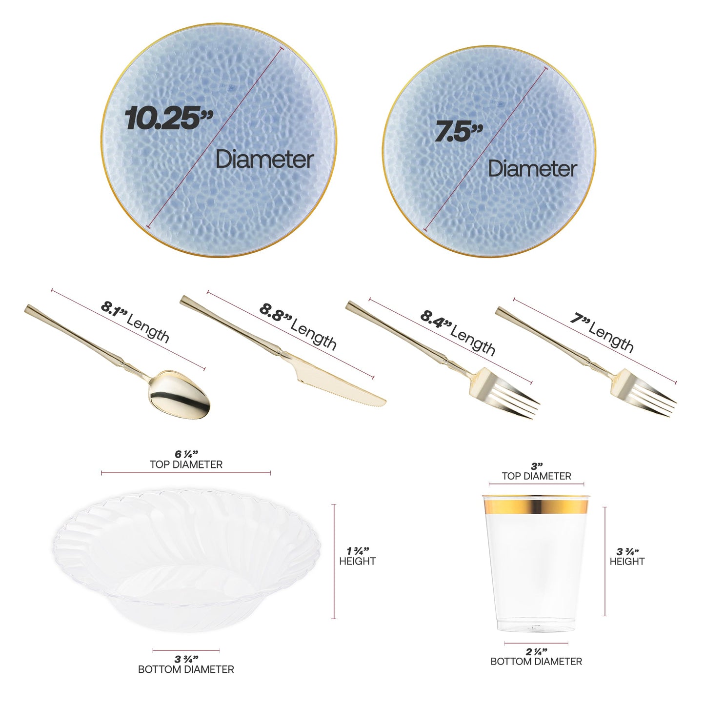 Set includes 10.25" dinner and 7.5" appetizer plates, 3.75" cups, 8.8" knives, 8.1" spoons, and gold forks (8.4" & 7")