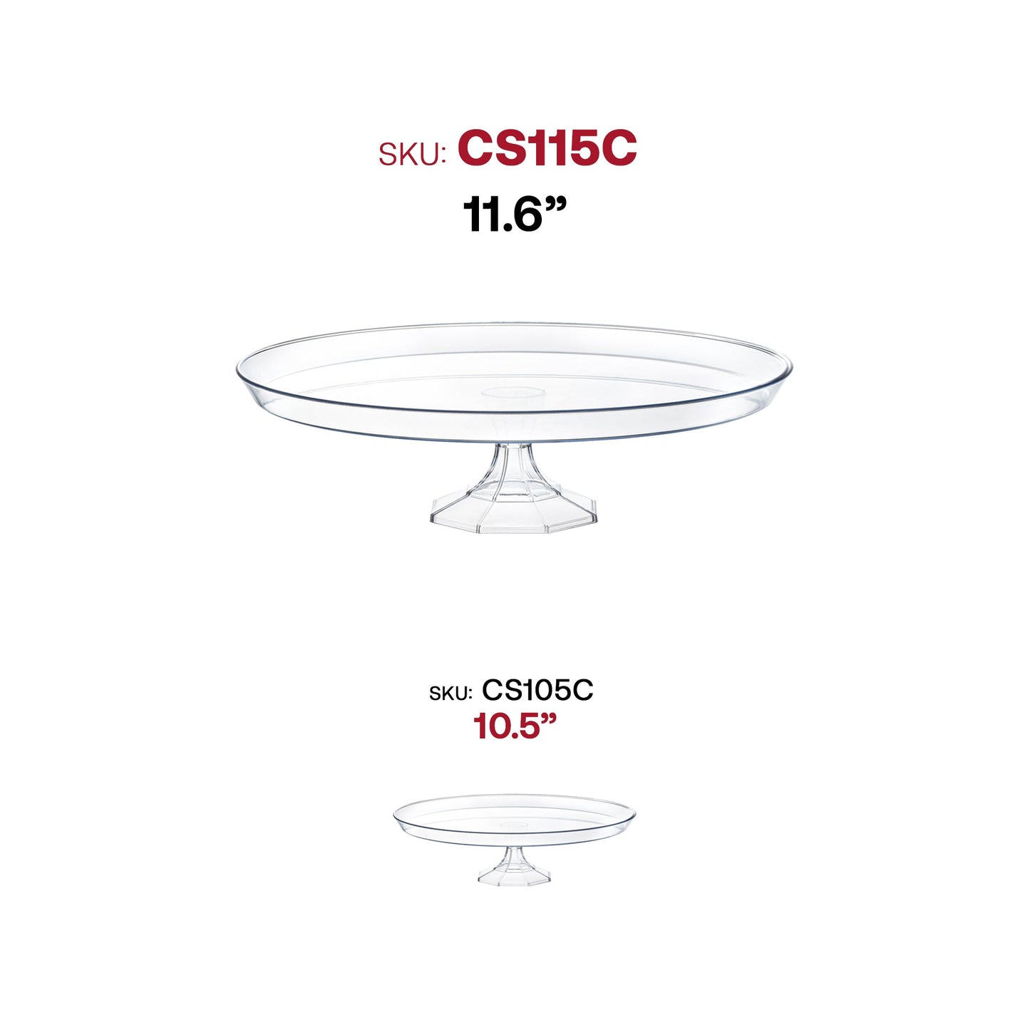 Set includes 12 clear medium round plastic cake stands, ideal for catering, weddings, and dessert tables