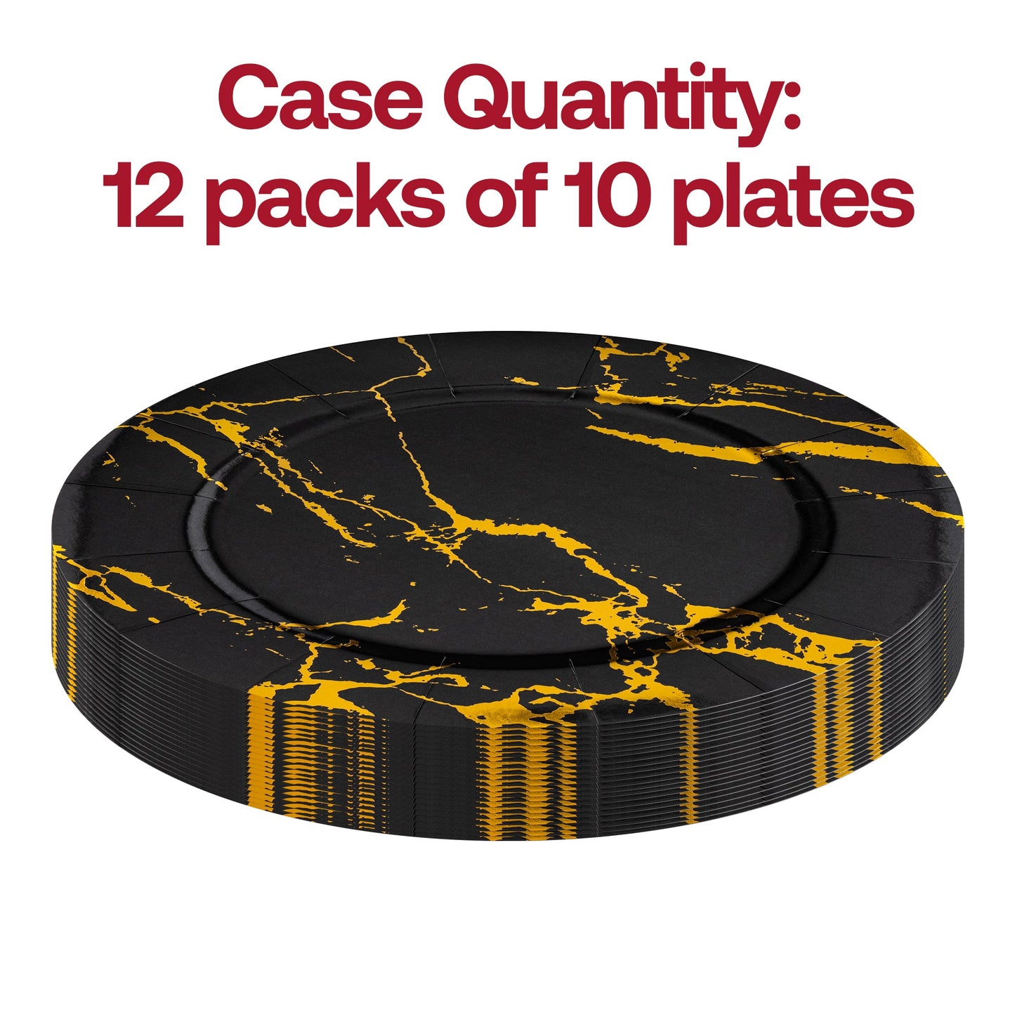 Set of 120 black disposable charger plates with a luxurious gold marble pattern
