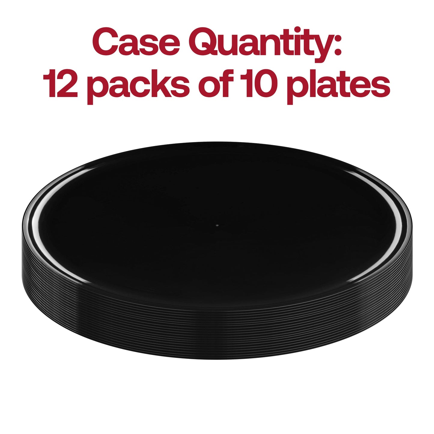 Set of 120 black plastic dinner plates with a flat round design
