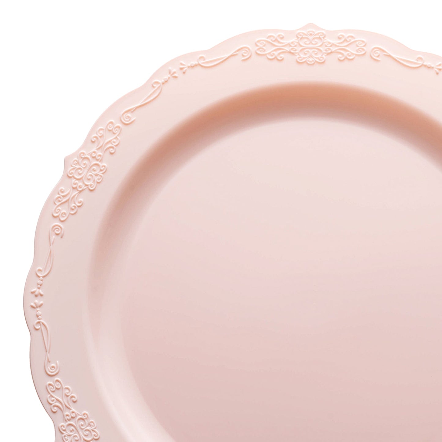 Set of 120 pink vintage-style round disposable plastic dinner plates, 10-inch diameter, ideal for elegant events and gatherings