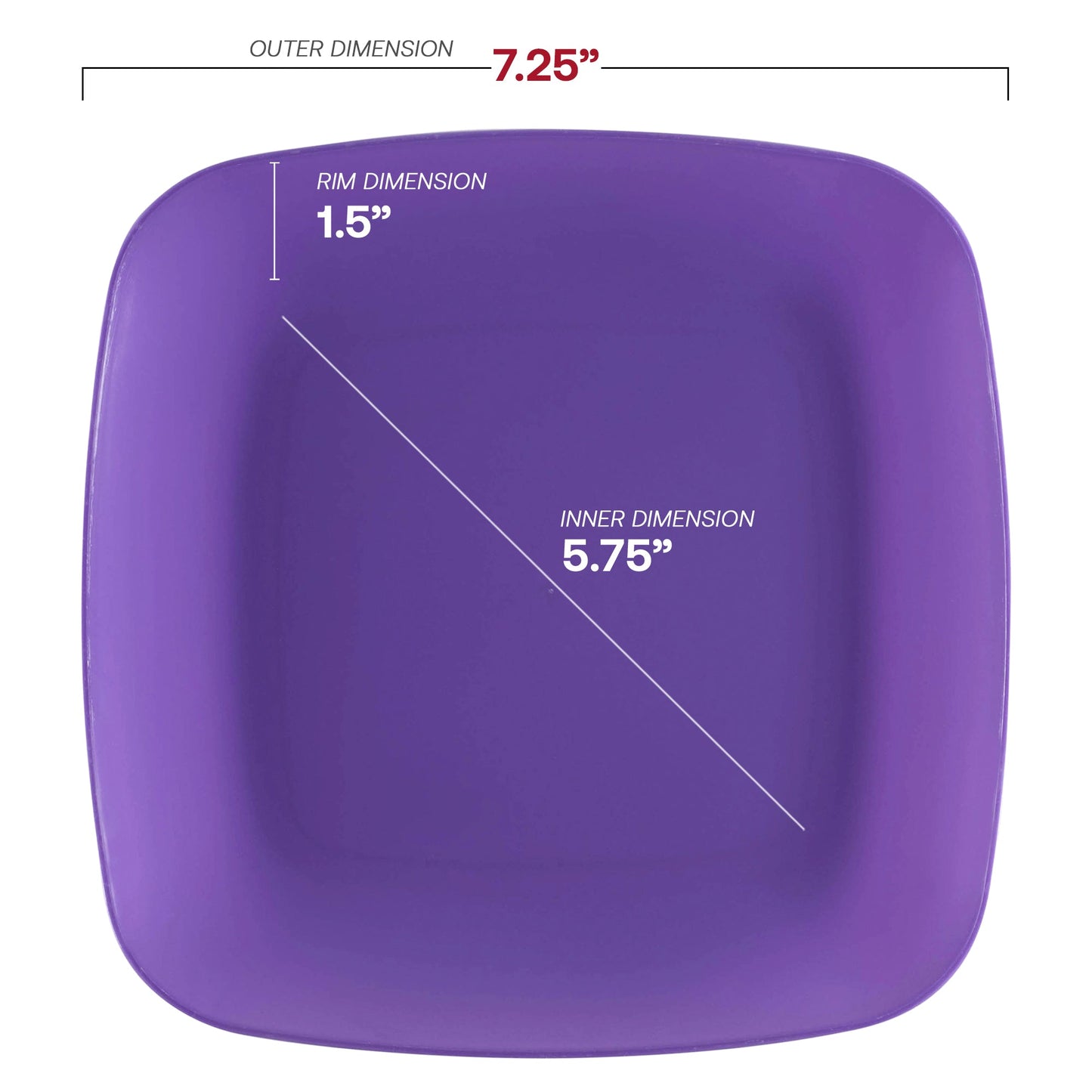 Set of 120 purple disposable plastic salad plates with a 7.25-inch rounded square design, ideal for parties