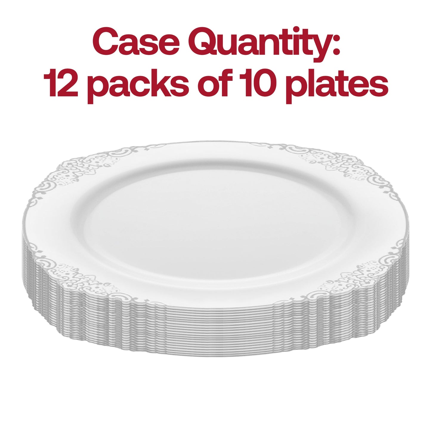Set of 120 white dinner plates featuring a fancy silver design, crafted from durable disposable plastic