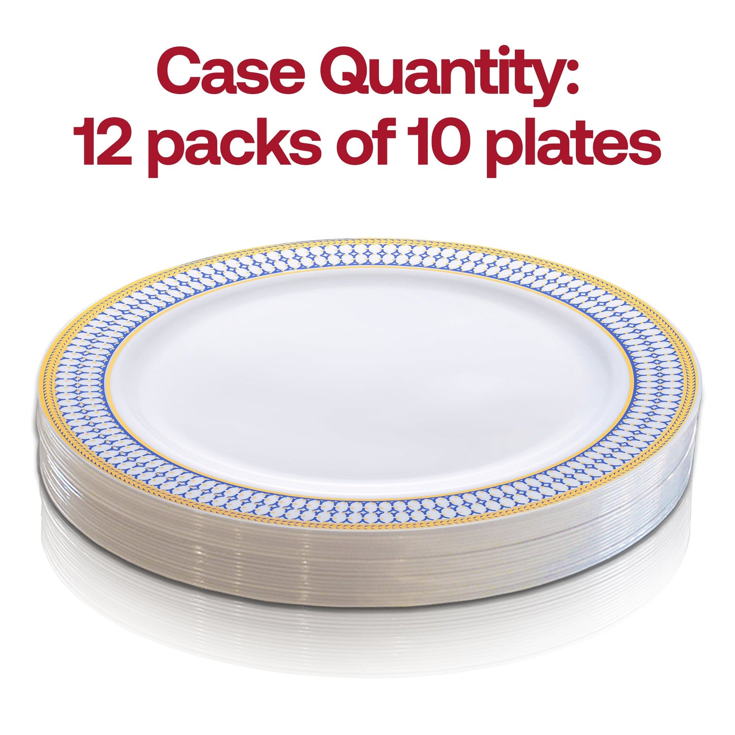Set of 120 white dinner plates with a decorative blue and gold chord rim