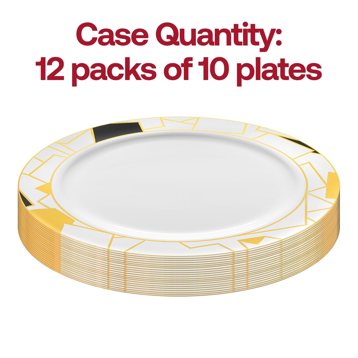 Set of 120 white plastic dinner plates featuring a stylish black and gold abstract squares design