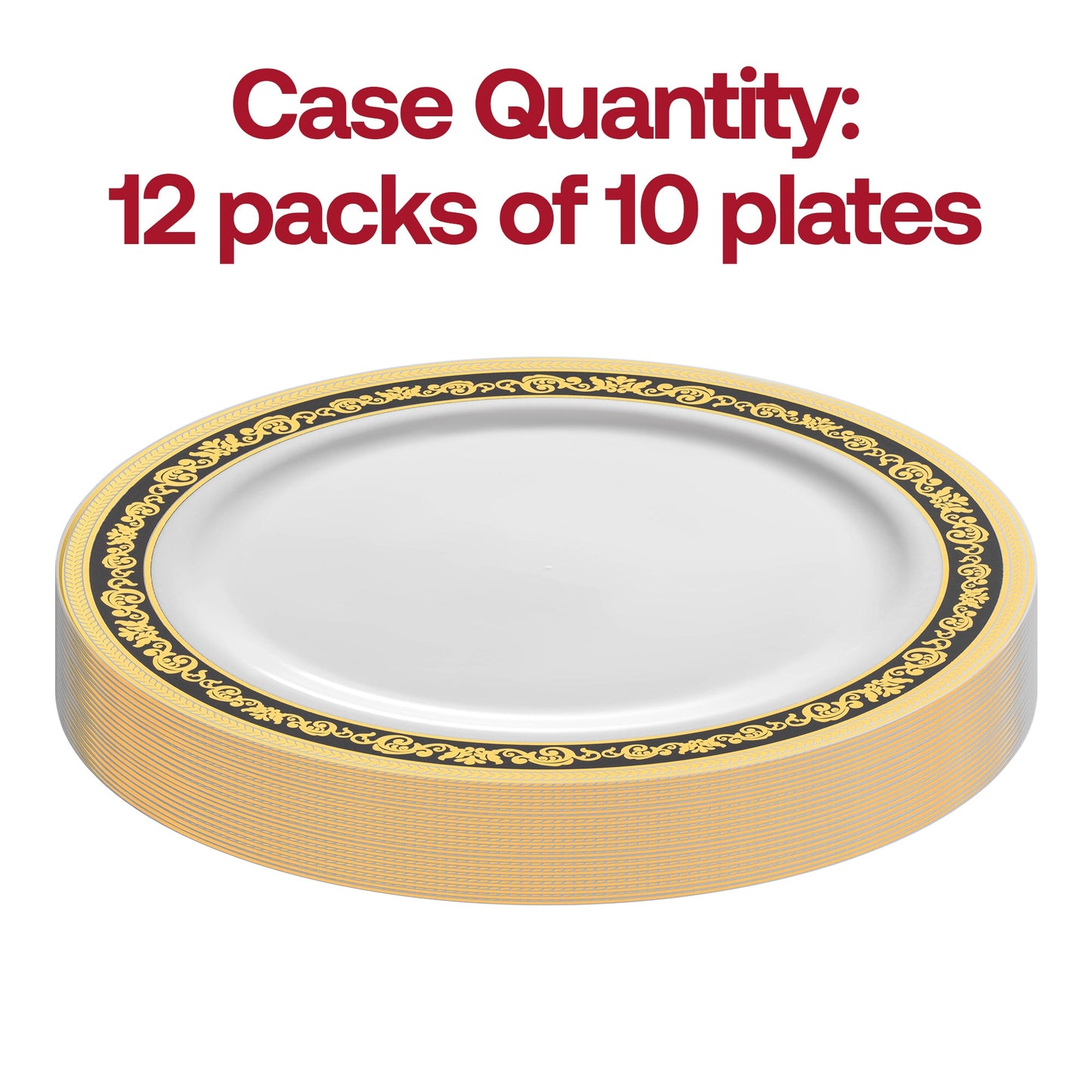 Set of 120 white plastic dinner plates featuring an elegant black and gold royal rim