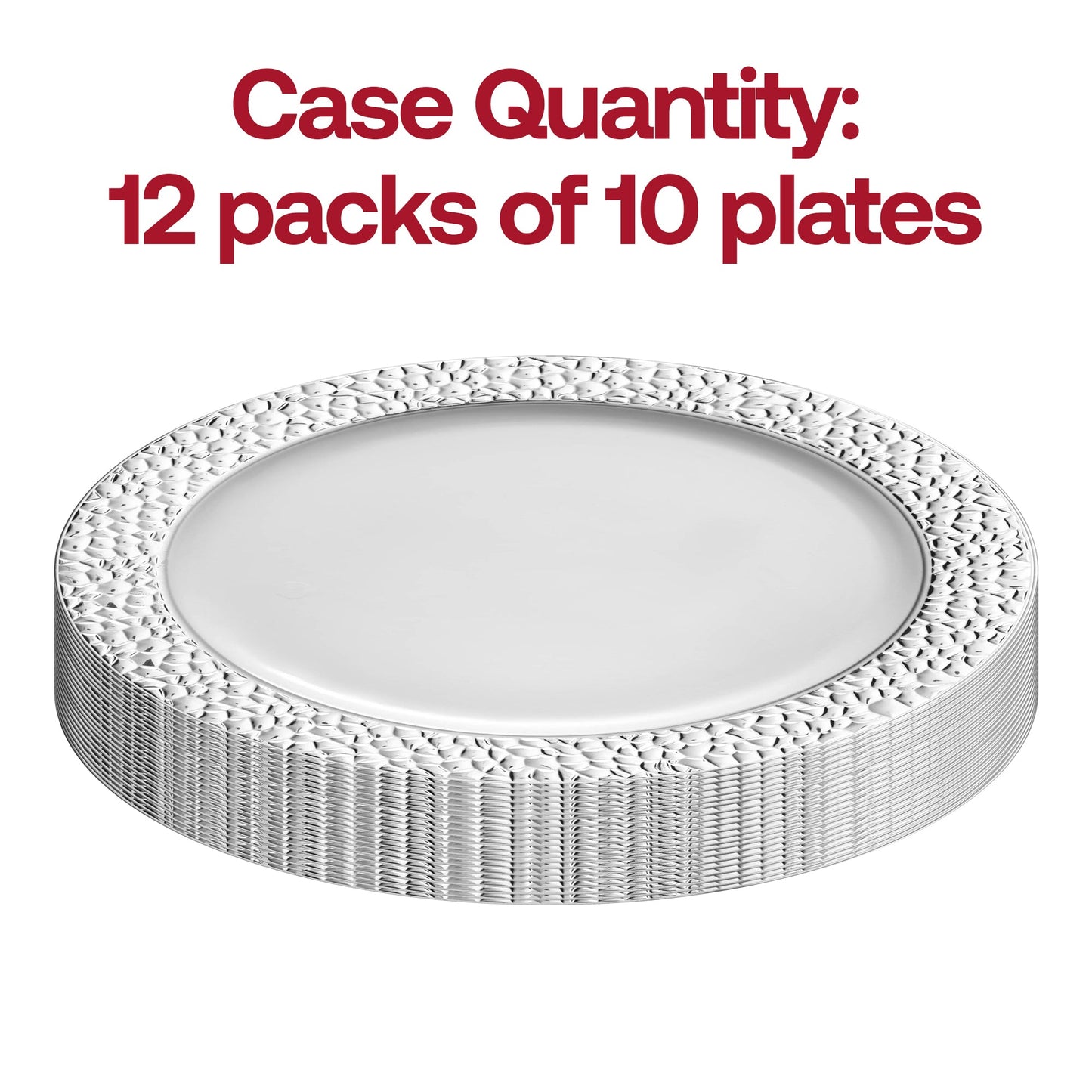 Set of 120 white round plastic dinner plates with a silver hammered rim