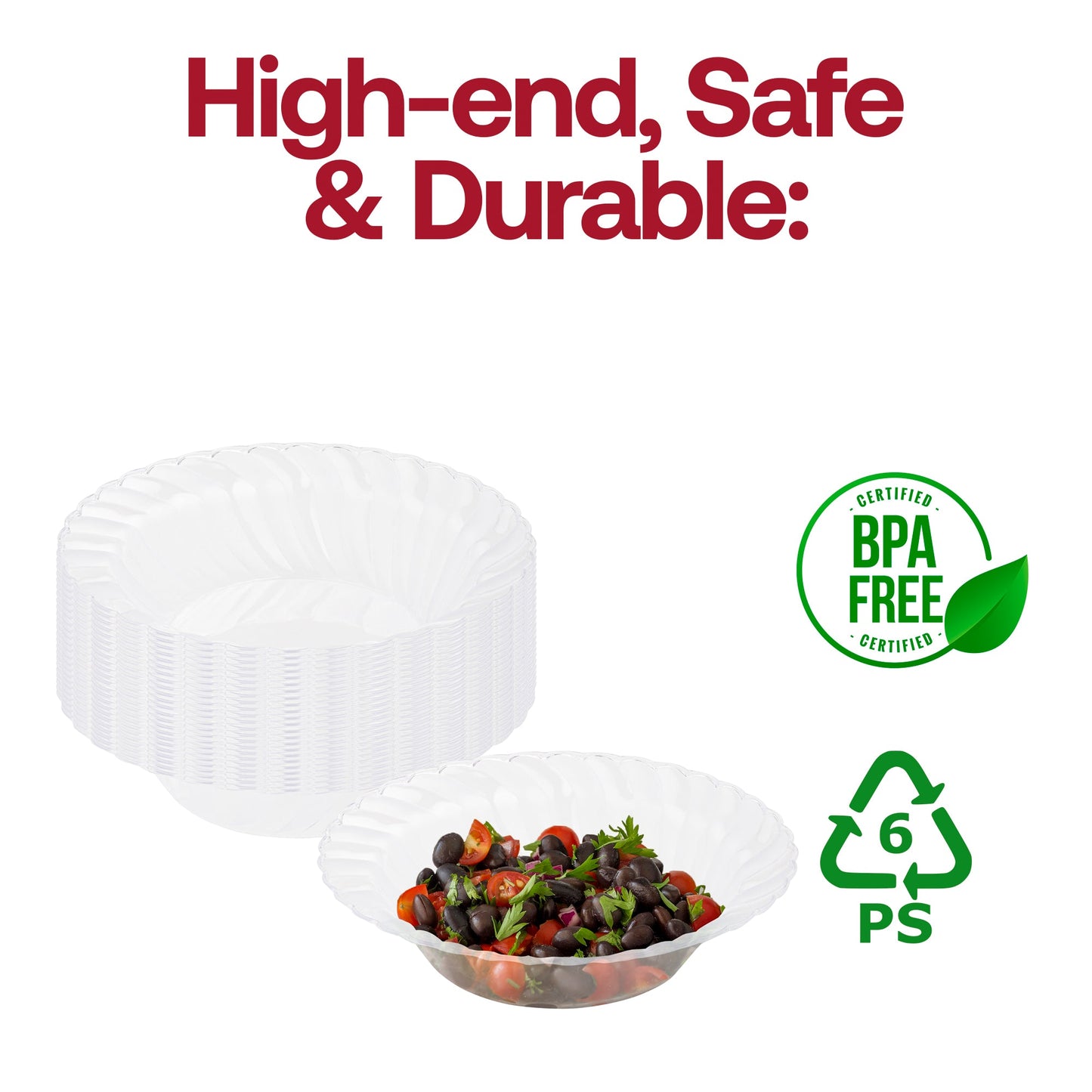 Set of 180 clear flair plastic soup bowls, 12 oz. capacity, featuring a modern design perfect for soups, salads, or desserts, BPA-Free