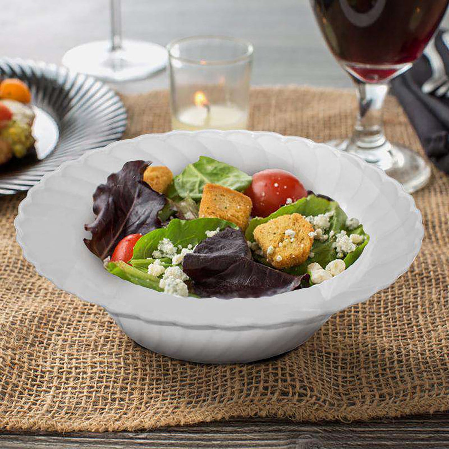 Set of 180 white flair plastic soup bowls, 12 oz. capacity, 6.25-inch diameter, featuring a modern flared edge design for soups or salads