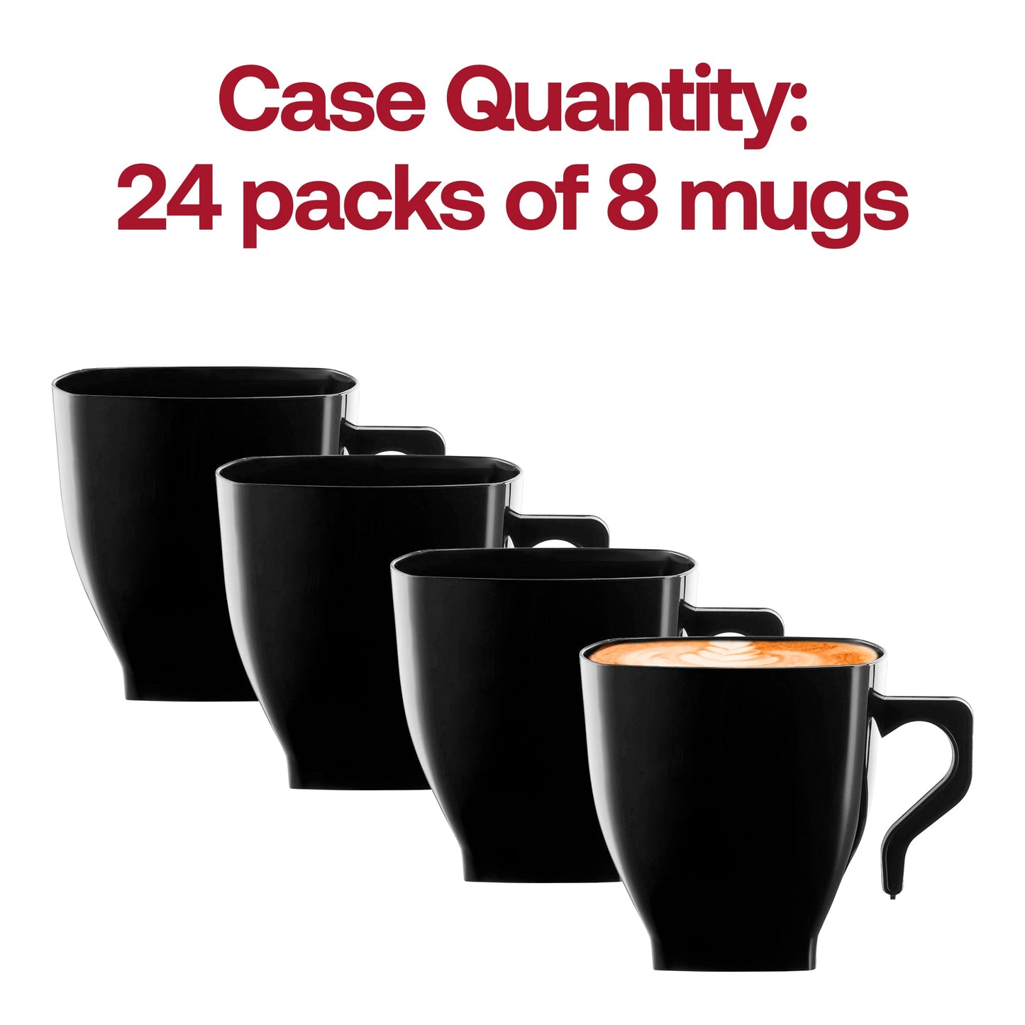 Set of 192 black square-shaped plastic coffee mugs, 8 oz capacity, measuring 3.25” x 1.75”, ideal for hot beverages.