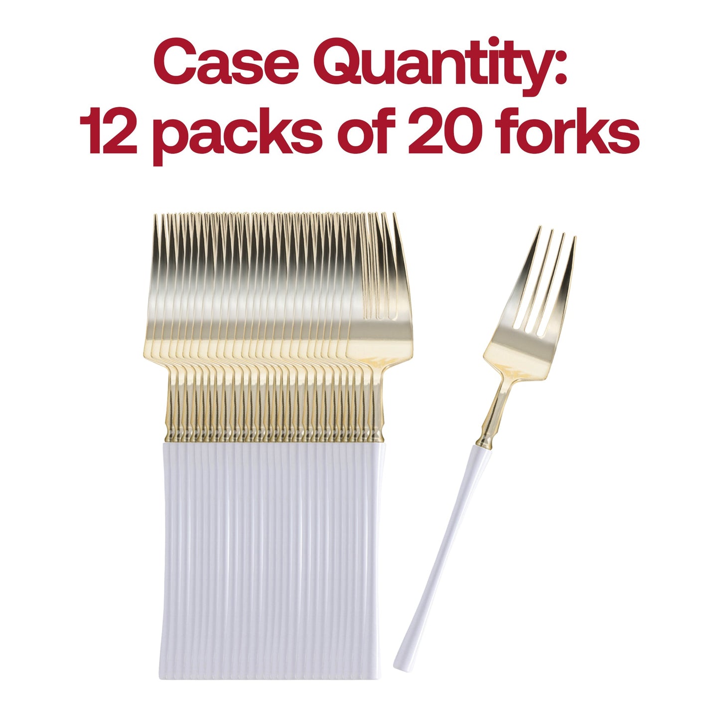 Set of 240 disposable plastic dinner forks with stylish gold accents and white handles, suitable for easy cleanup at events
