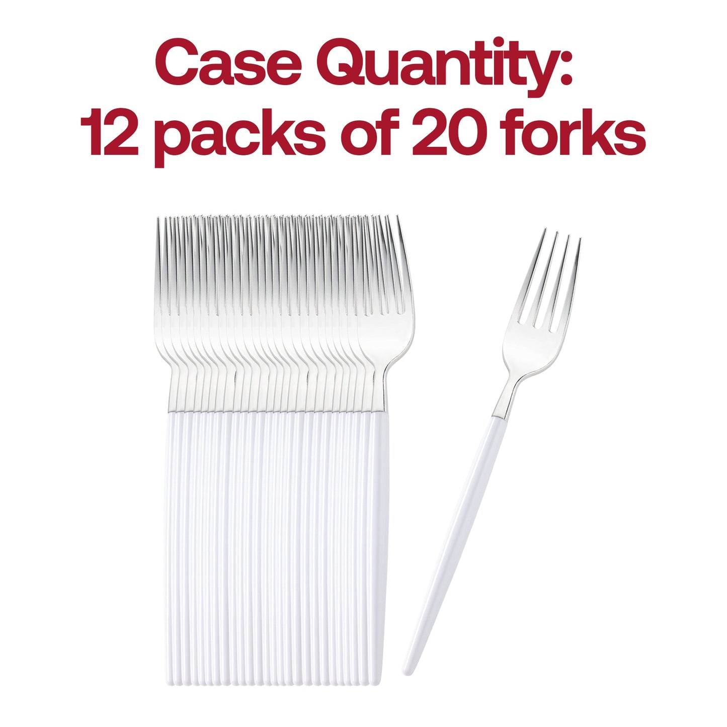 Set of 240 modern, disposable silver dinner forks with sophisticated white handles, ideal for parties or catering events