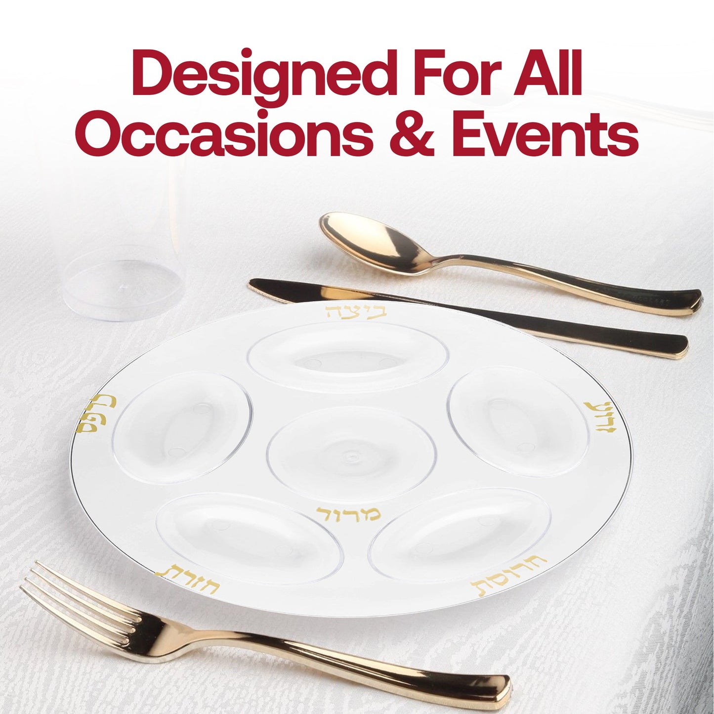 Set of 24 clear plastic Seder plates with gold round sections, ideal for Passover or other religious meals.