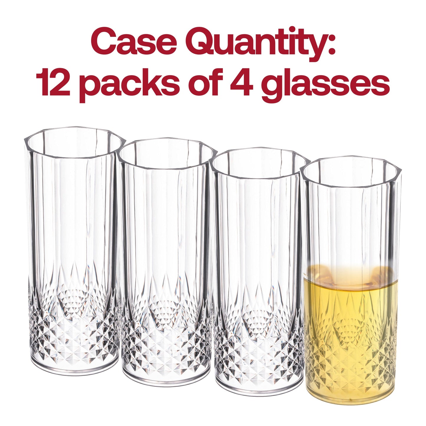Set of 48 clear high ball plastic glasses with elegant crystal-cut detailing, 14 oz size, 3x6 inches
