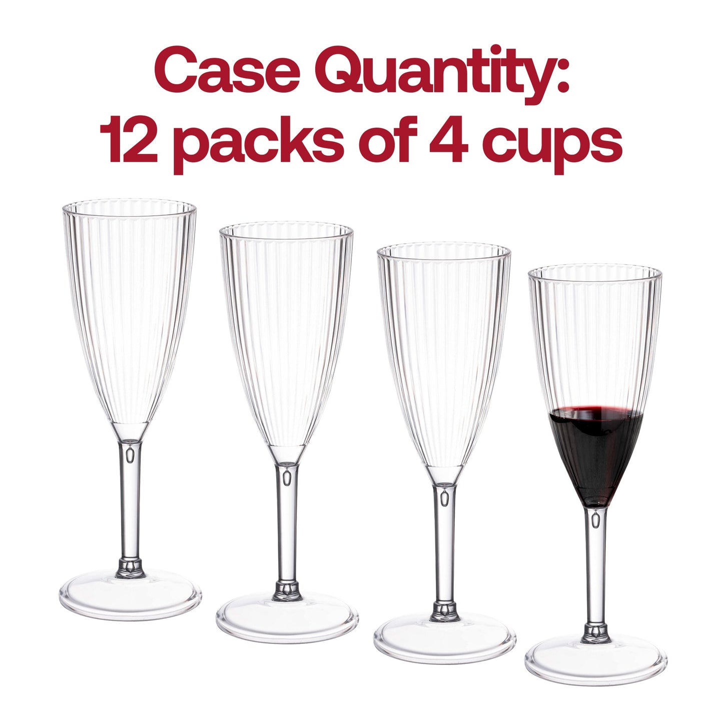 Set of 48 clear plastic champagne flutes featuring a stylish stripe pattern, round shape, and an 8-ounce capacity