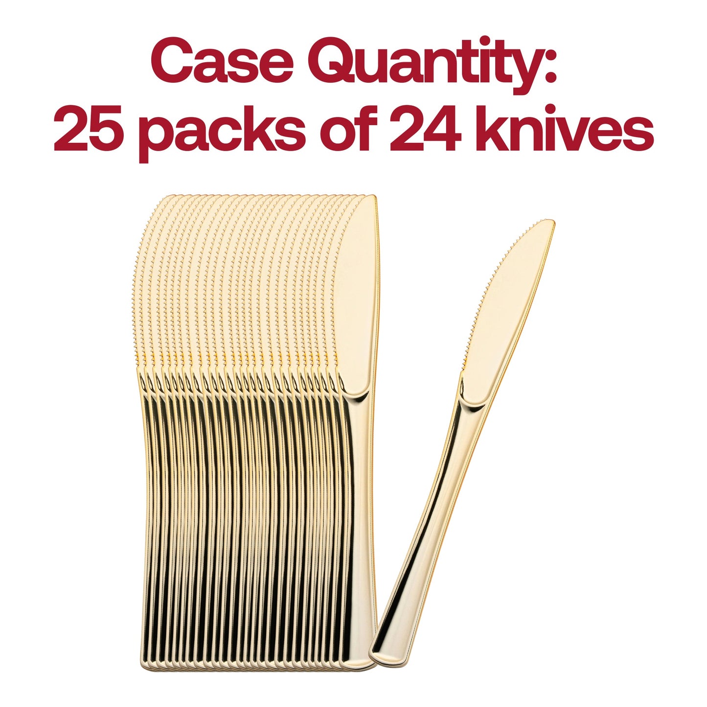 Set of 600 metallic gold plastic knives, ideal for large-scale events, catering services, and formal dining