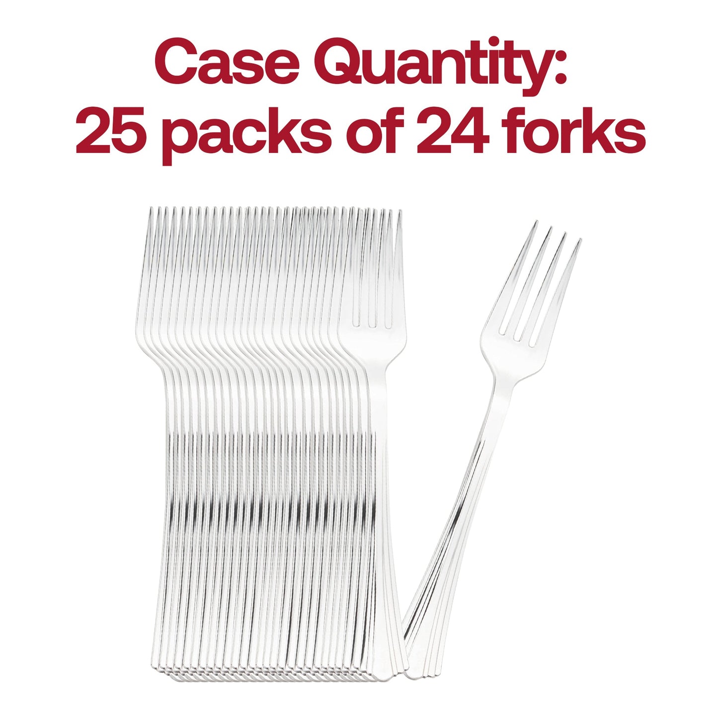 Set of 600 premium silver plastic forks with a polished metallic look and grooved detailing, each fork 6.75 inches