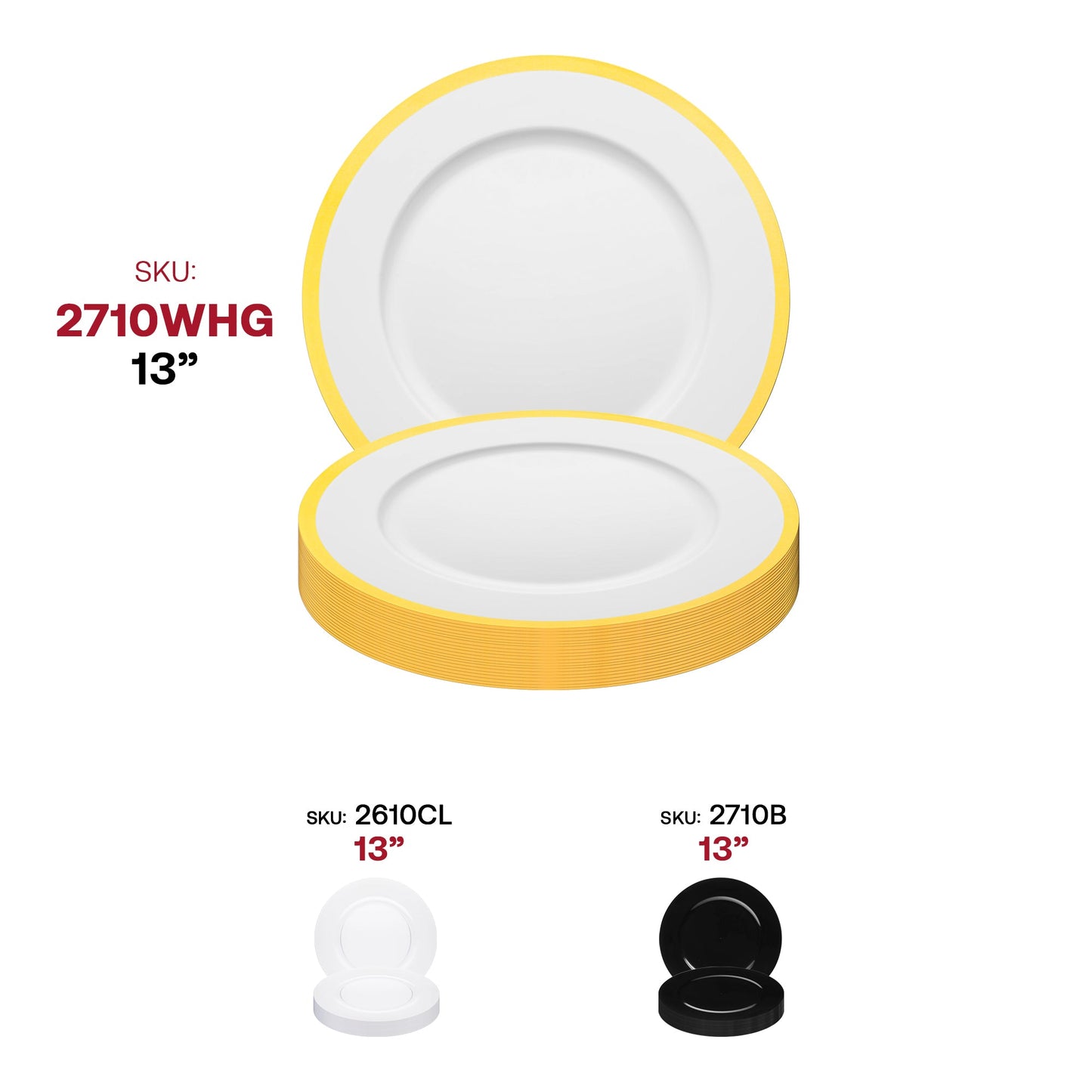 Set of 60 white round disposable charger plates with a luxurious gold rim, 13-inch diameter