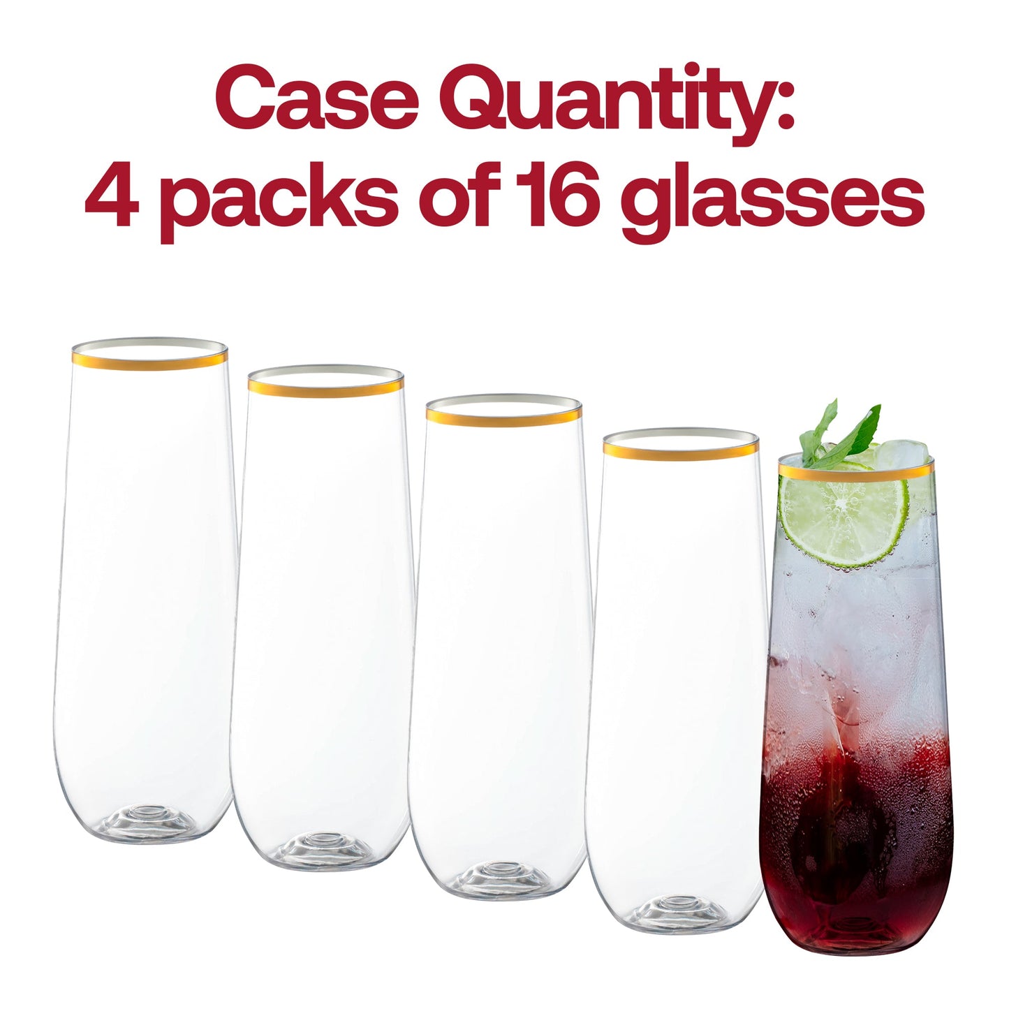 Set of 64 clear plastic stemless champagne flutes featuring a stylish gold design, 9-ounce capacity, perfect for celebrations