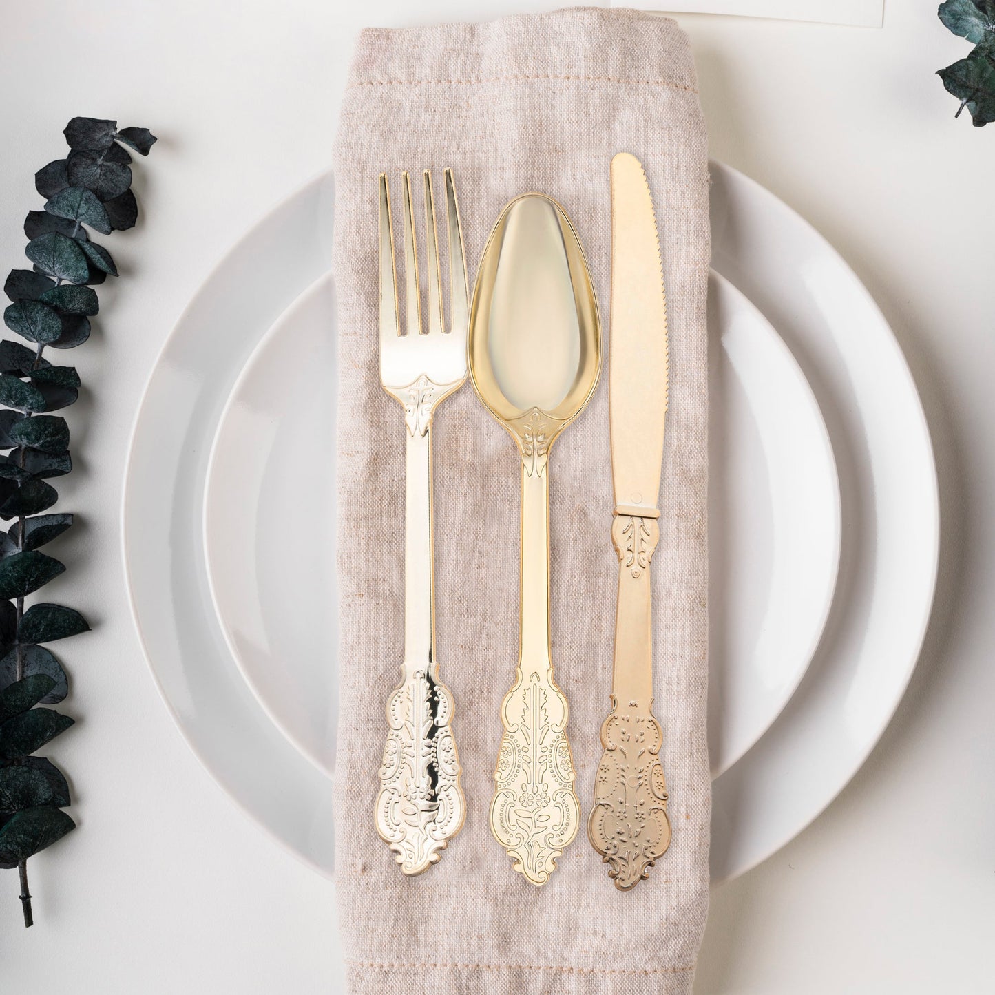 Shiny Metallic Gold Baroque Plastic Cutlery Set - 24 Spoons, 24 Forks and 24 Knives