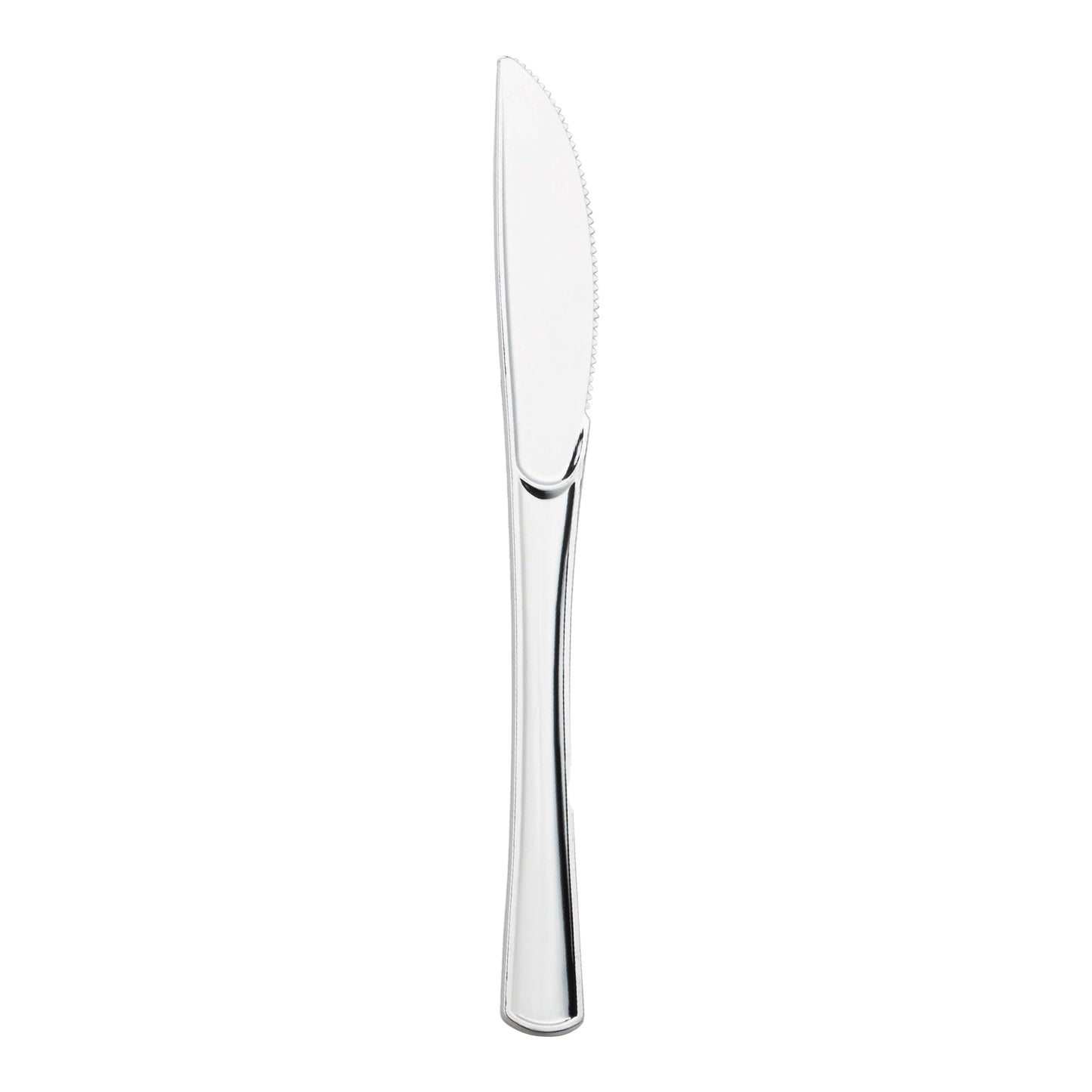 Shiny Metallic Silver Plastic Knives bring a sleek, sophisticated look to formal dinners, weddings, and elegant events