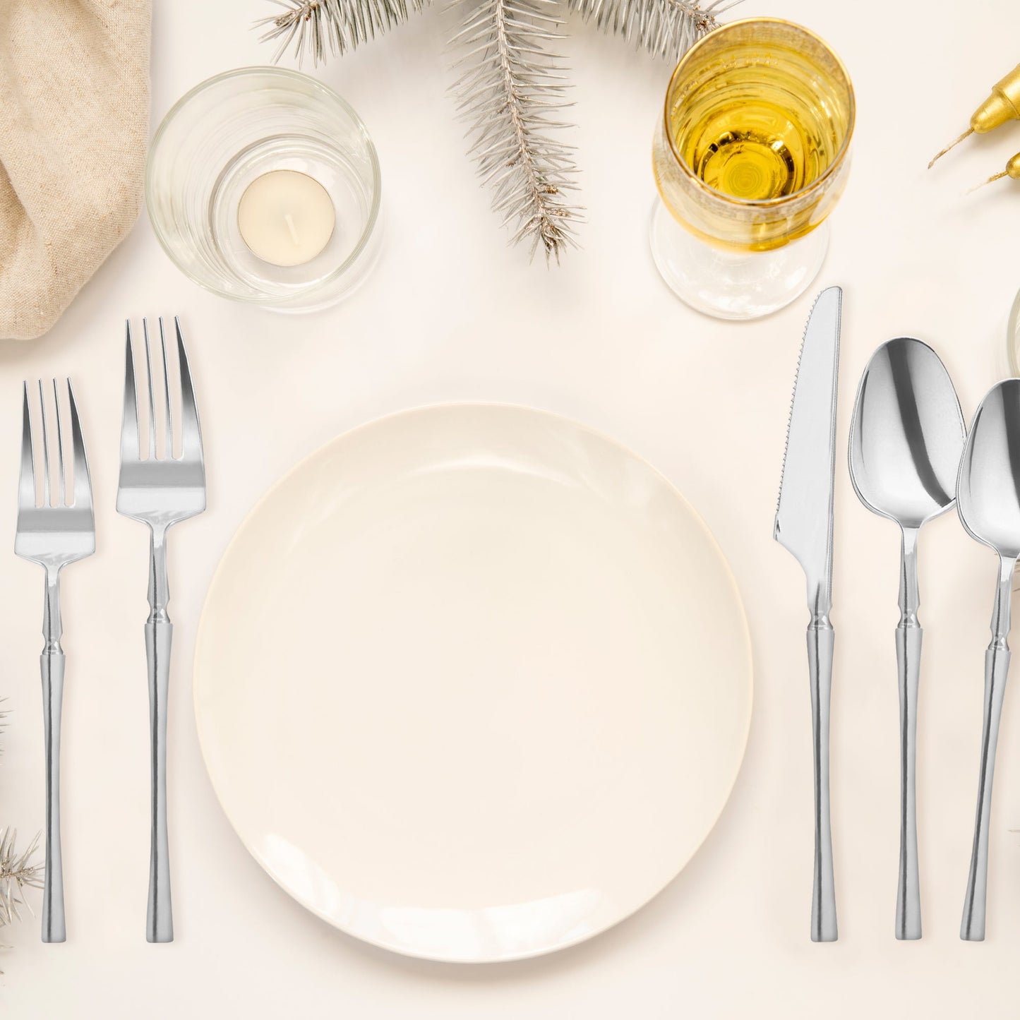 Shiny Silver Moderno Disposable Plastic Cutlery Set - 20 Spoons, 20 Forks, 20 Knives, 20 Dessert Spoons, and 20 Dessert Forks disposable yet refined, great for receptions and parties
