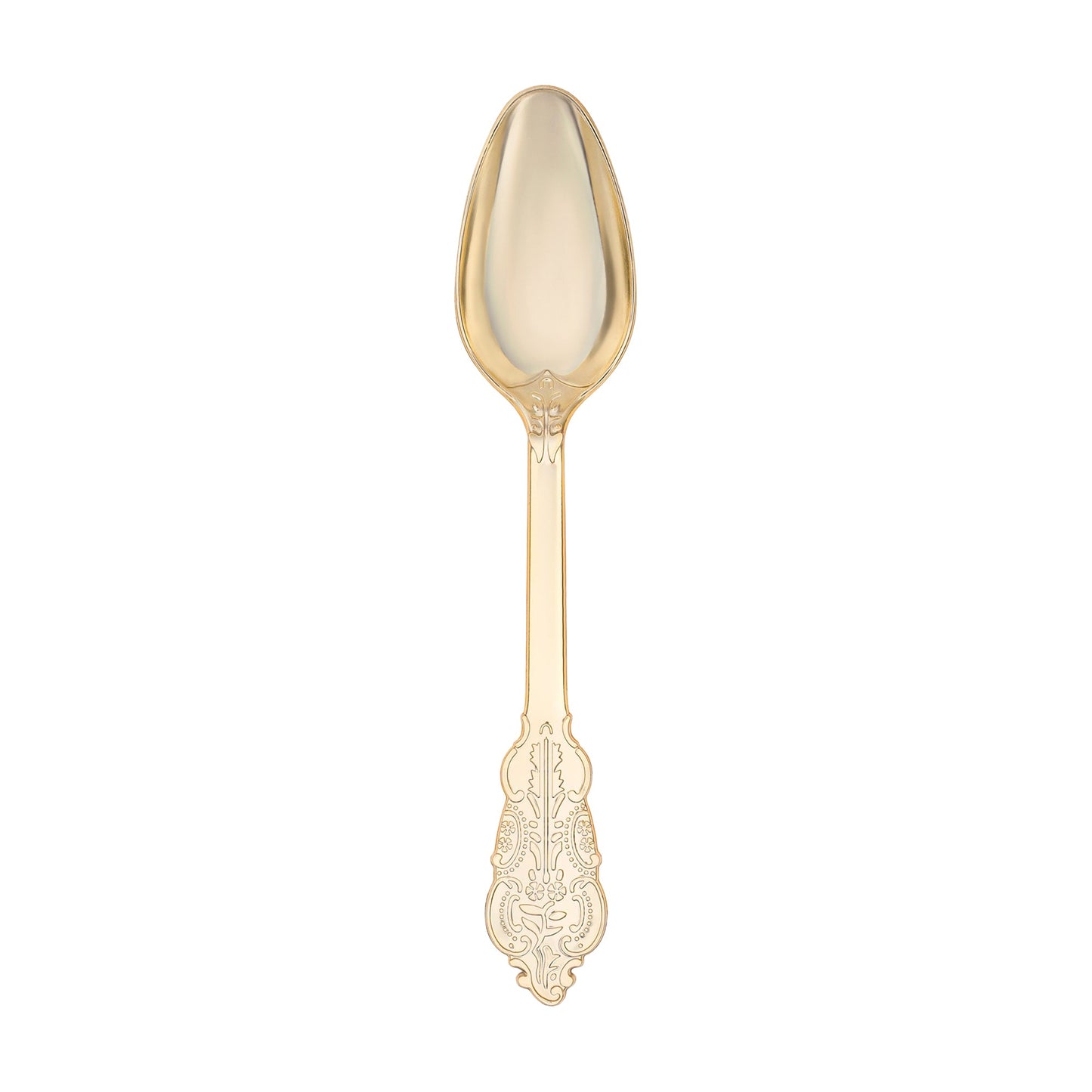 Shiny metallic gold baroque plastic cutlery set with a sophisticated antique-inspired design, perfect for 600 guests.