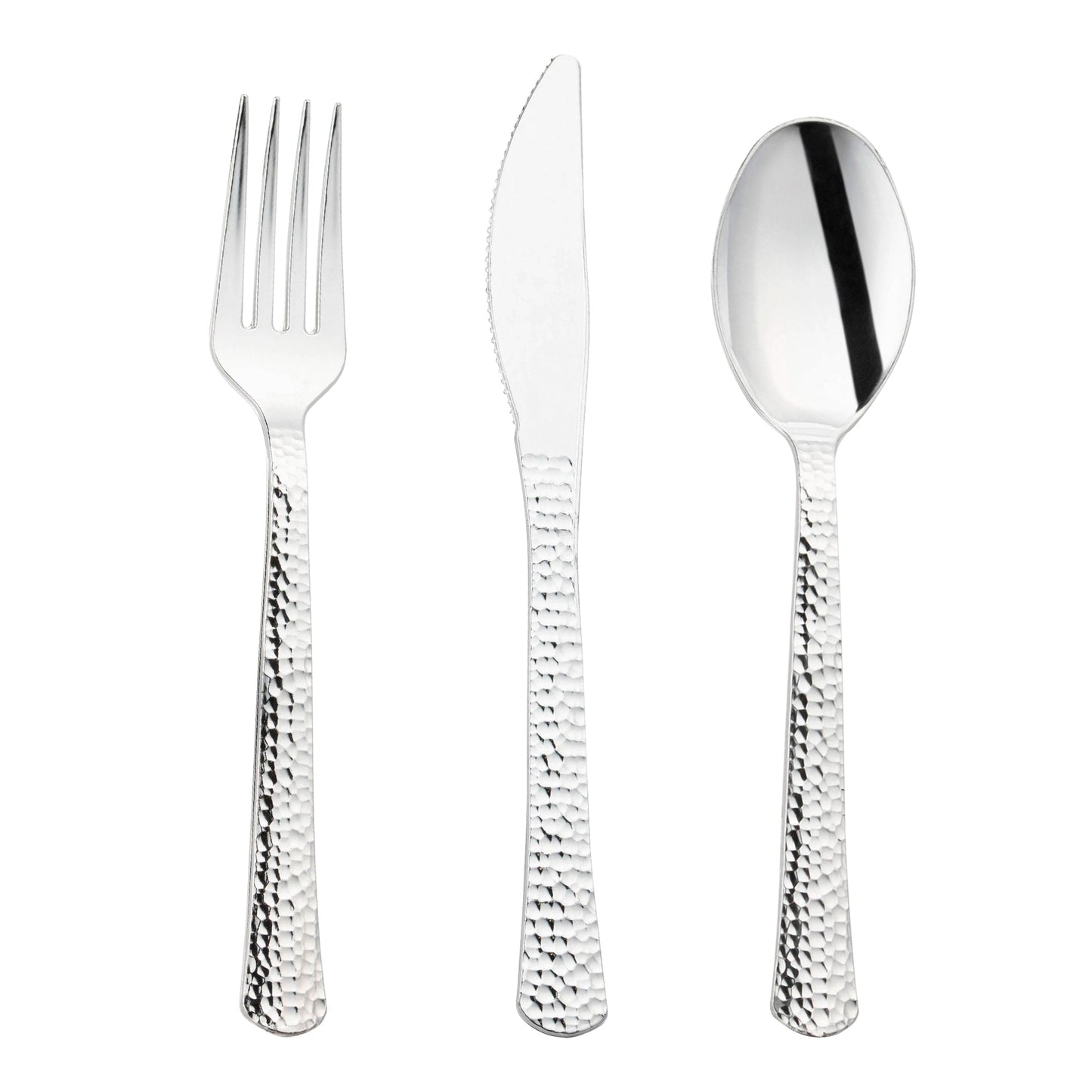 Shiny metallic silver hammered plastic cutlery set, ranging from 6.75” to 7.75”, perfect for upscale dining experiences