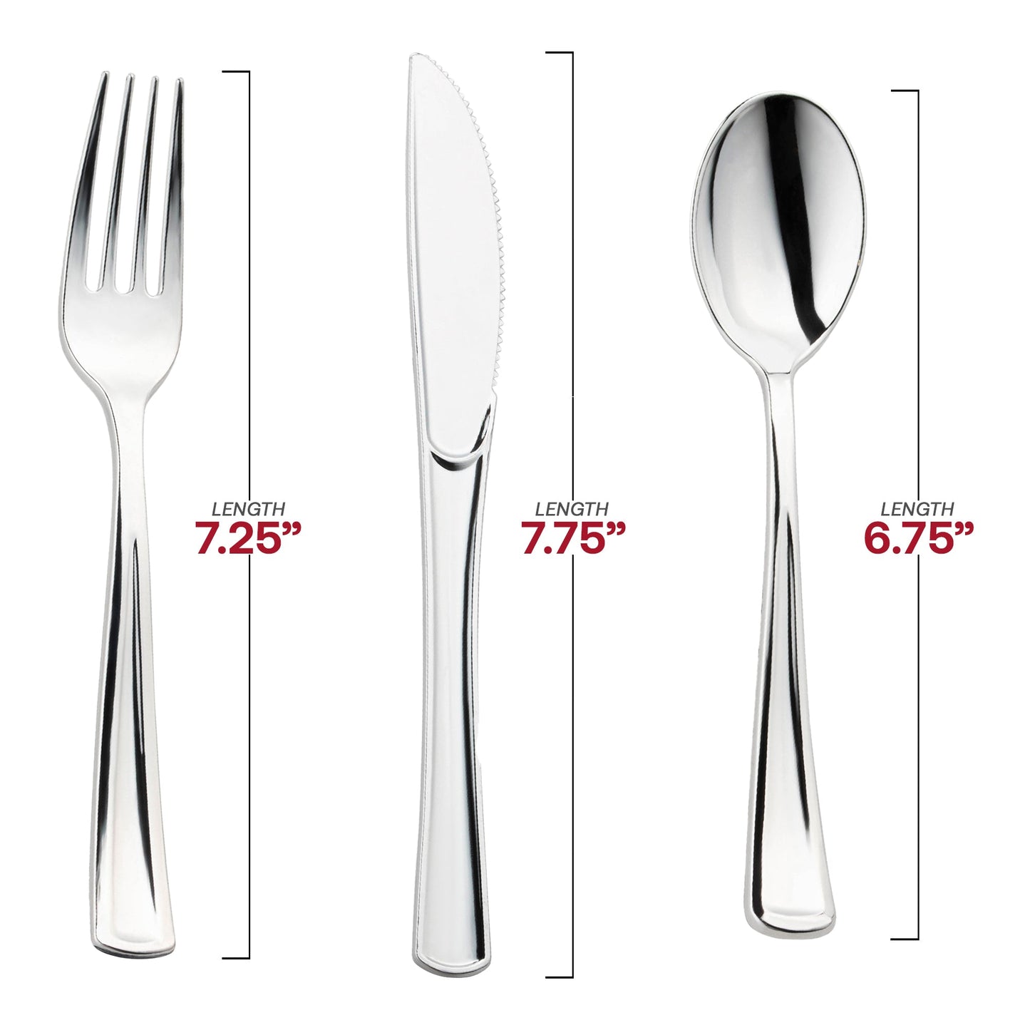 Shiny metallic silver plastic cutlery combo set for 120 guests, featuring forks, knives, and spoons in 6.25”-7.5” sizes
