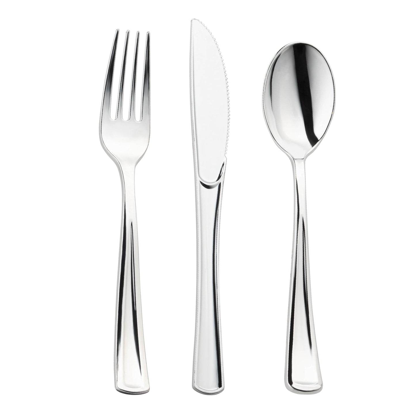 Shiny metallic silver plastic cutlery combo set for 120 guests, including forks, knives, and spoons with a sleek finish