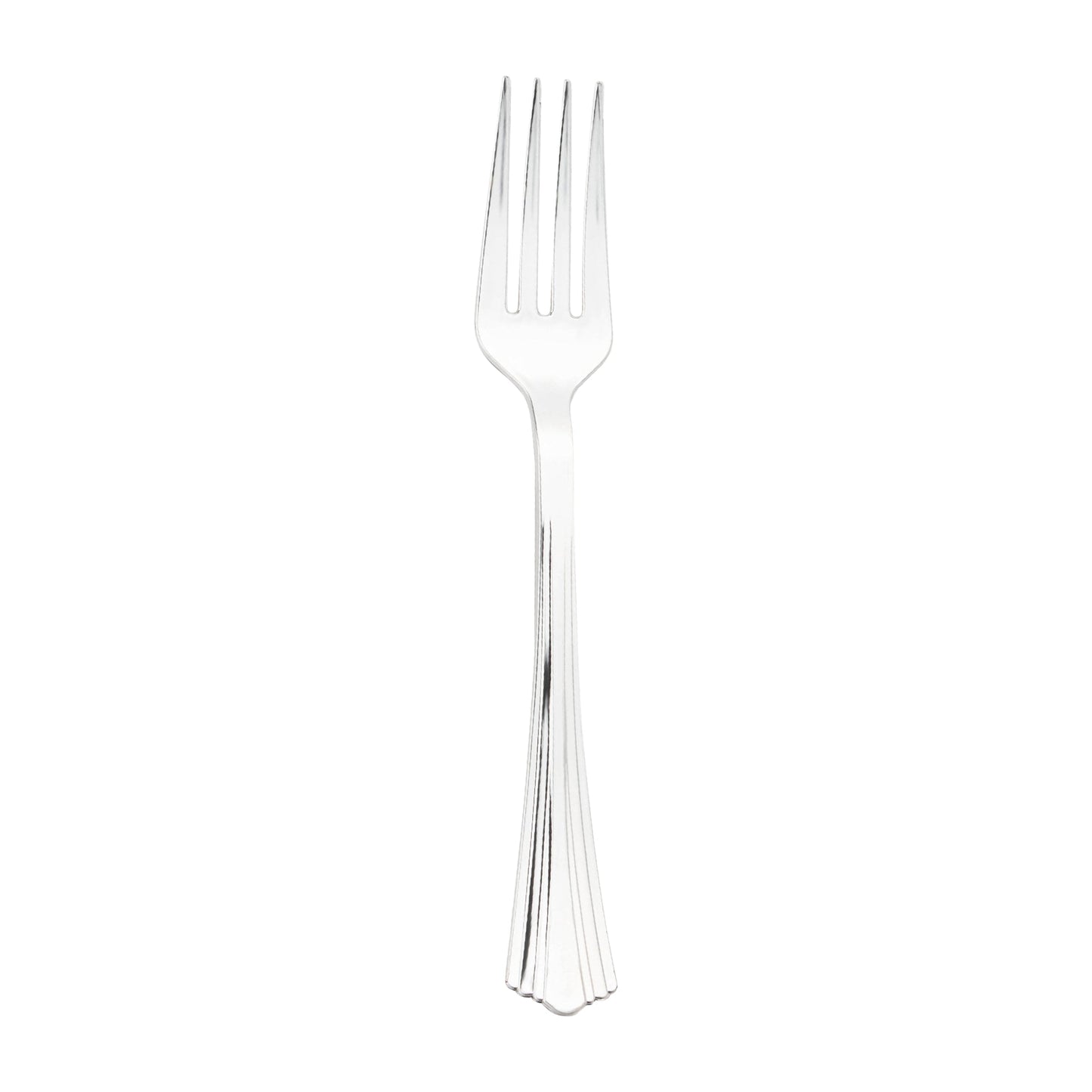 Shiny metallic silver plastic forks with grooved handles, 6.75 inches long, durable and elegant, available in a 600-pack