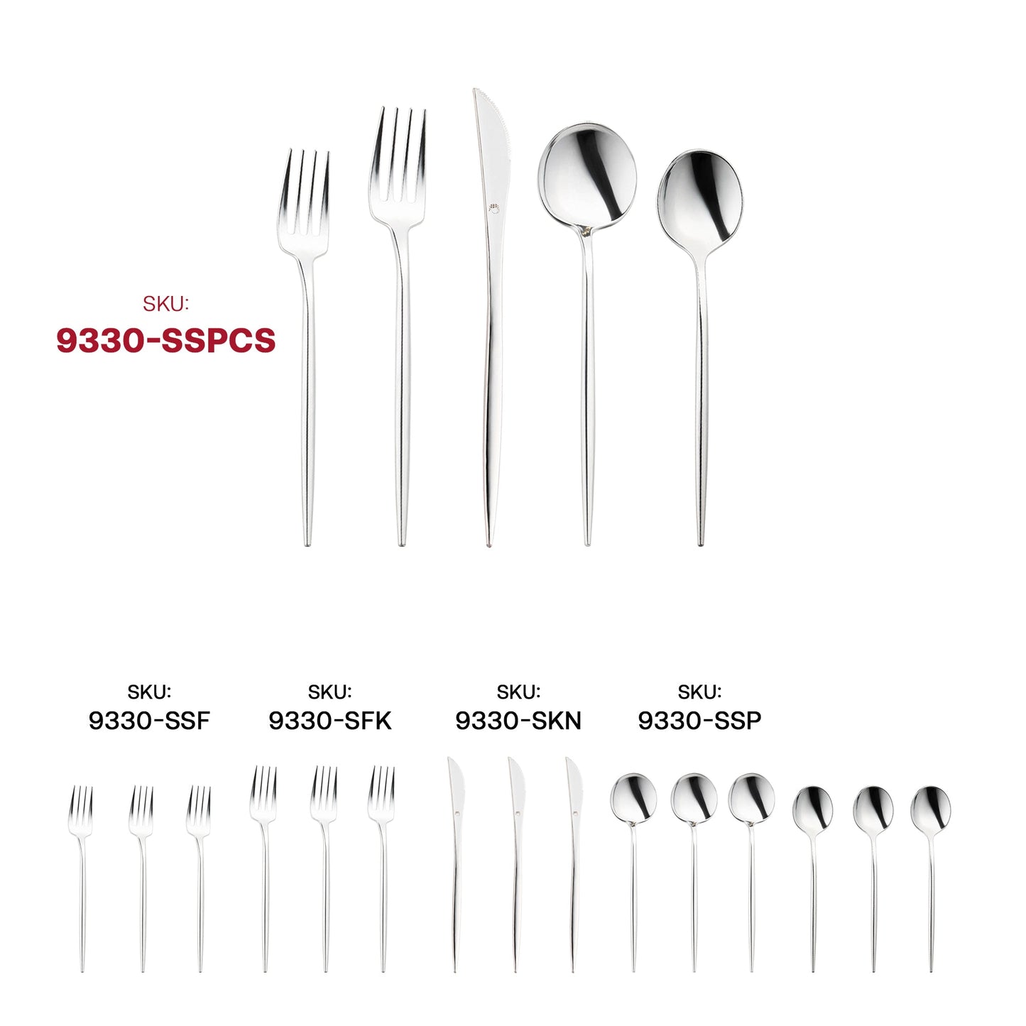 Shiny silver Moderno disposable plastic cutlery set featuring premium forks, knives, spoons, and dessert utensils for elegant events
