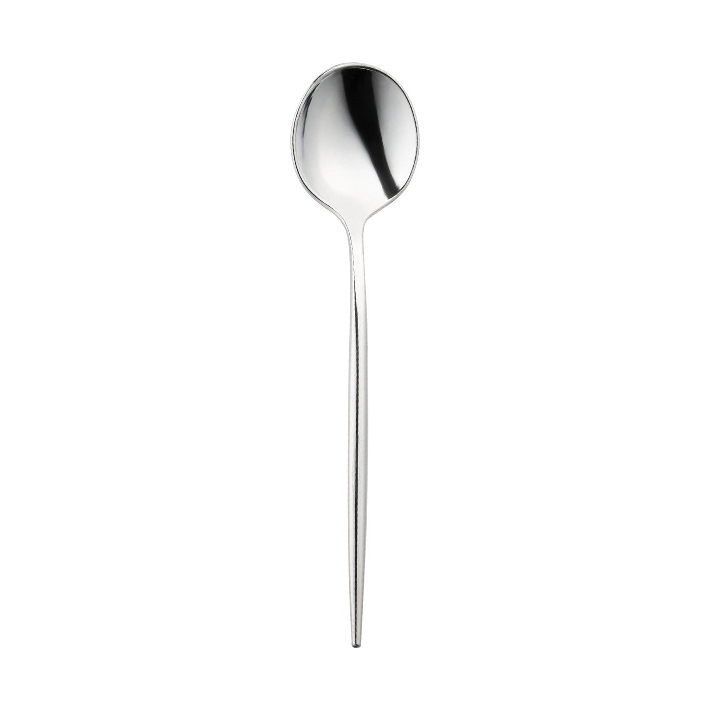 Shiny silver Moderno disposable plastic dessert spoons, 7 inches long, stylish and durable, perfect for events, case of 300