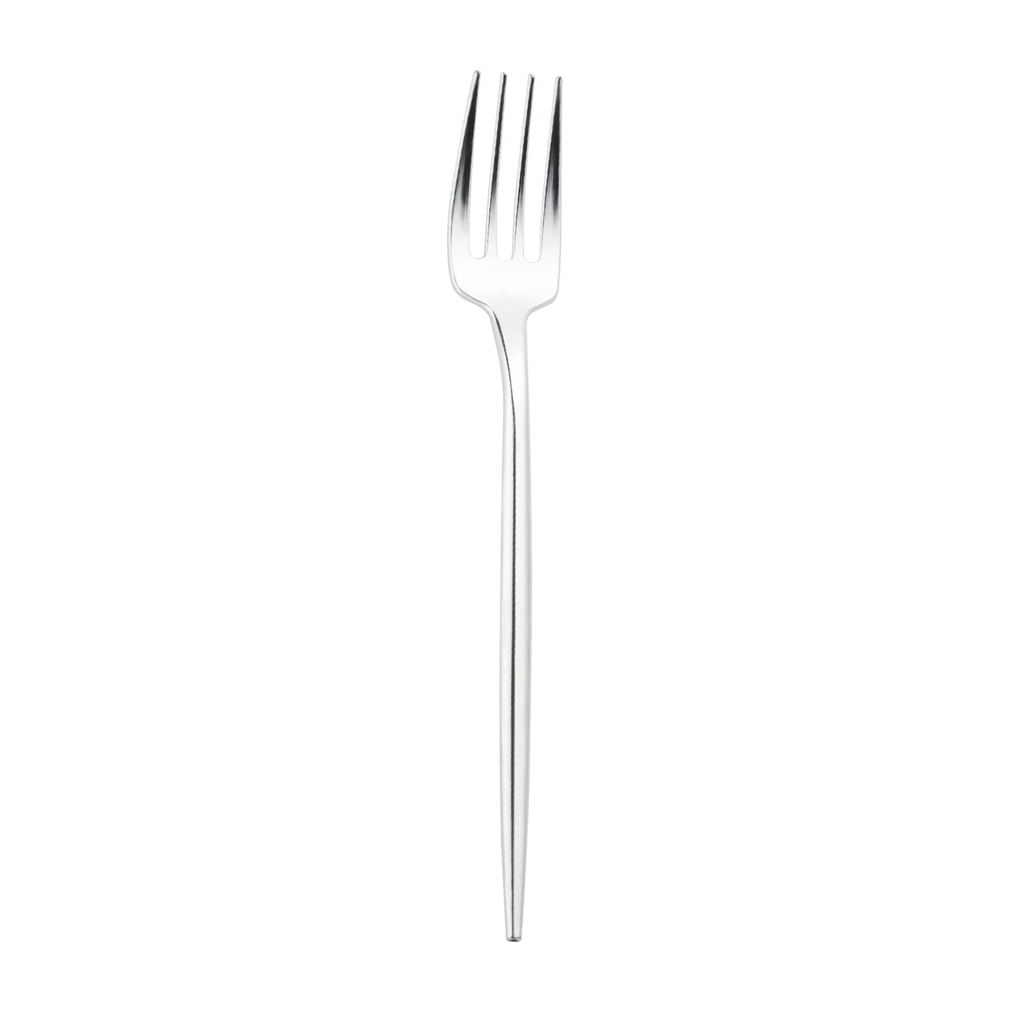 Shiny silver Moderno disposable plastic dinner forks, 8.4", case of 300, featuring a sleek metallic finish for stylish dining