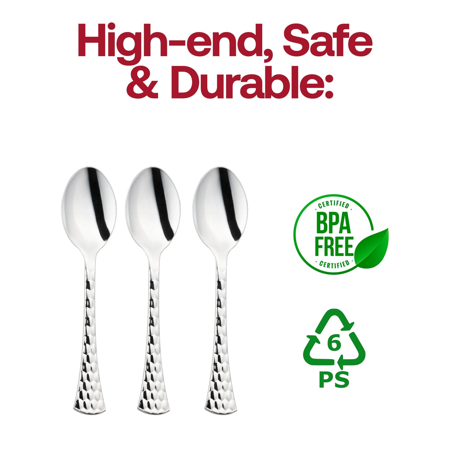 Shiny silver glamour disposable plastic spoons, BPA-free and safe for dining, perfect for events and gatherings