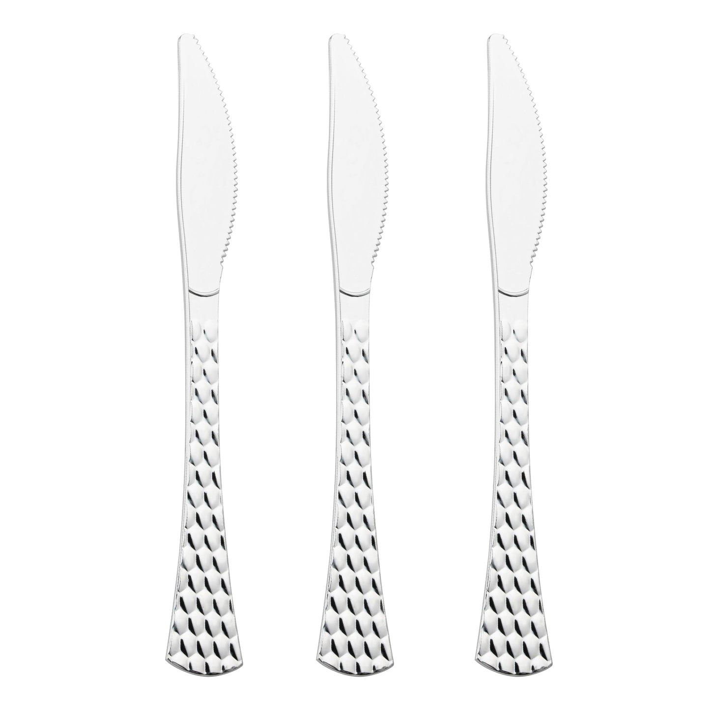 Shiny silver plastic knives with a glamorous design, 7.5 inches long, disposable and practical for various dining occasions