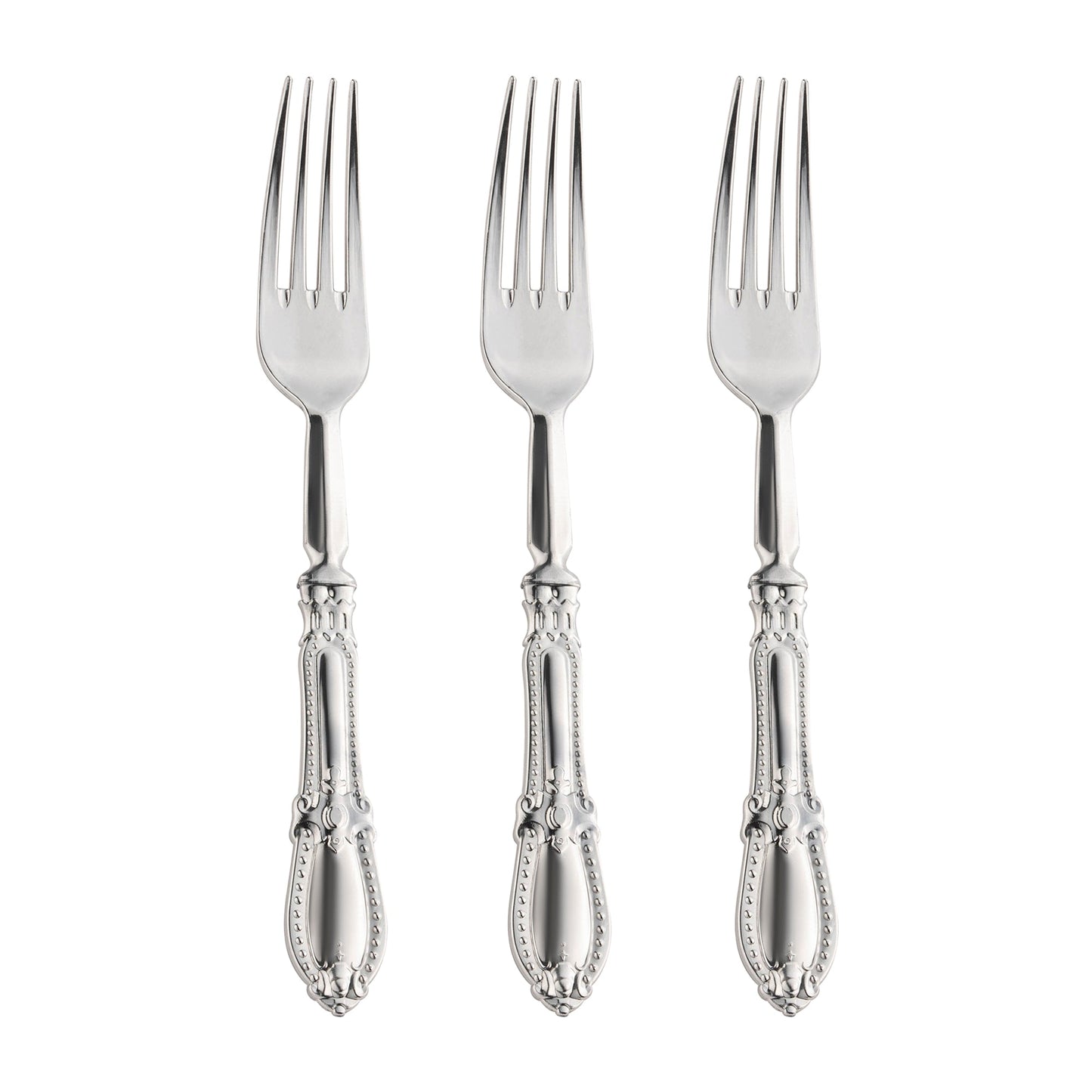 Silver Baroque plastic dinner forks, strong enough for meats and pasta, perfect for any occasion