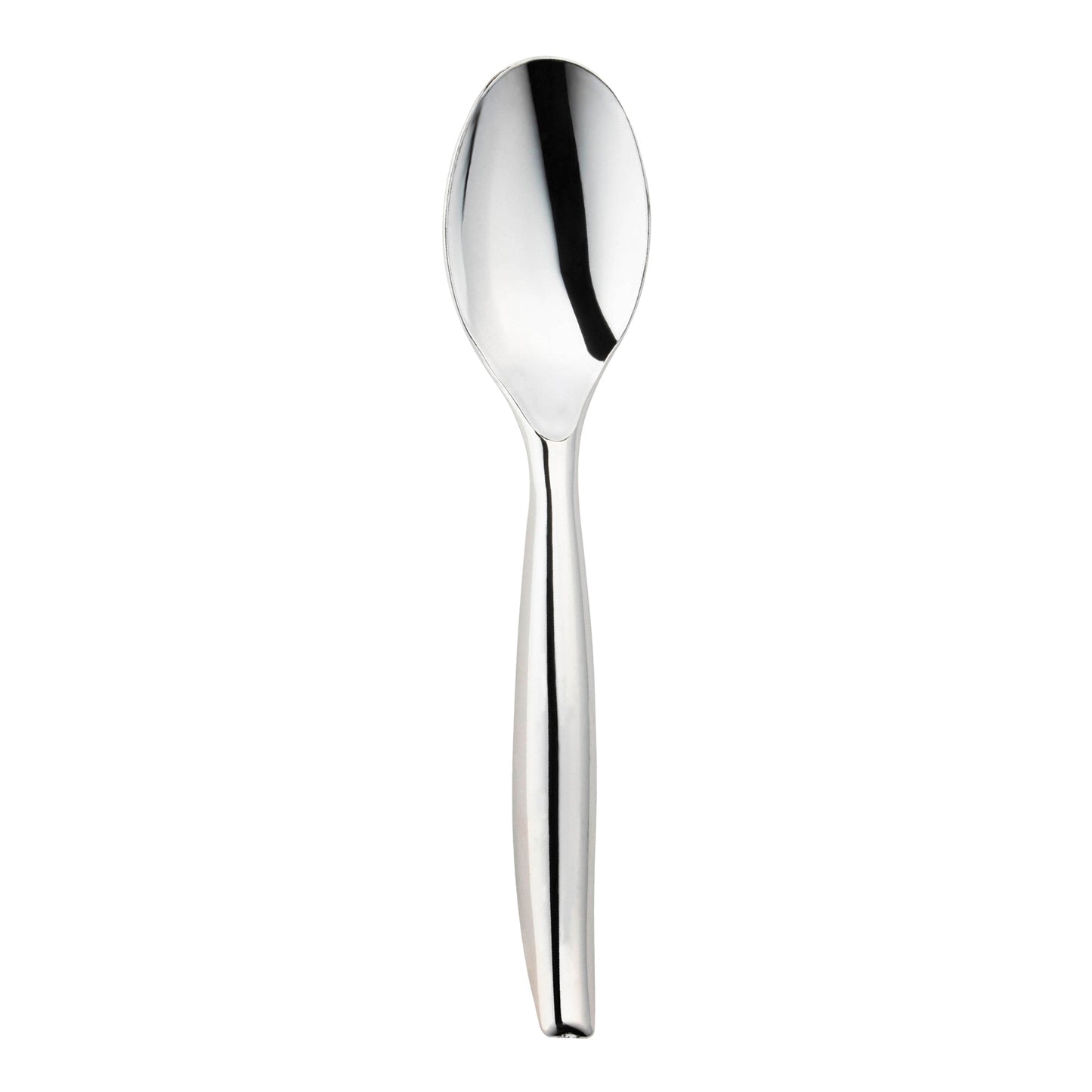 Silver disposable plastic serving spoons, 9.75 inches long, perfect for buffets and catering
